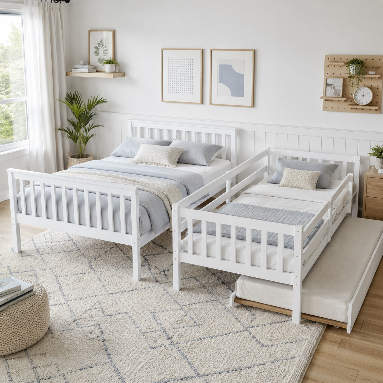 Perenna white bunk bed converted into two separate beds in a bright kids room