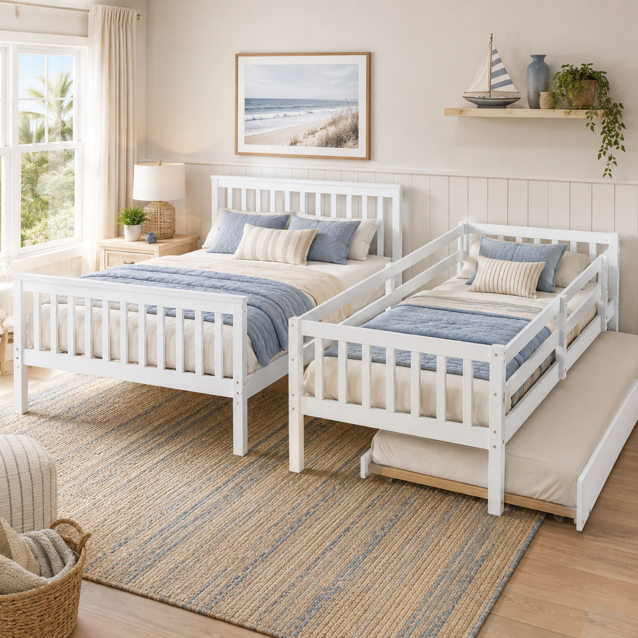 Perenna white convertible bunk bed arranged as separate beds with blue bedding
