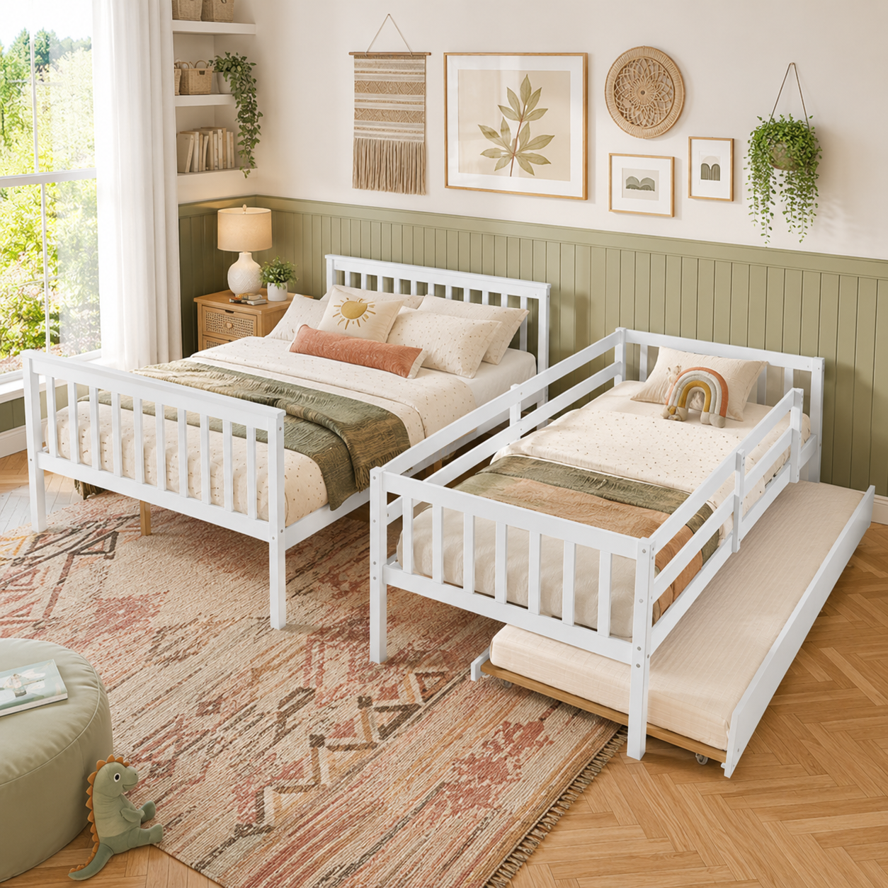 Perenna white separate twin and full beds displayed with neutral bedding in a bedroom