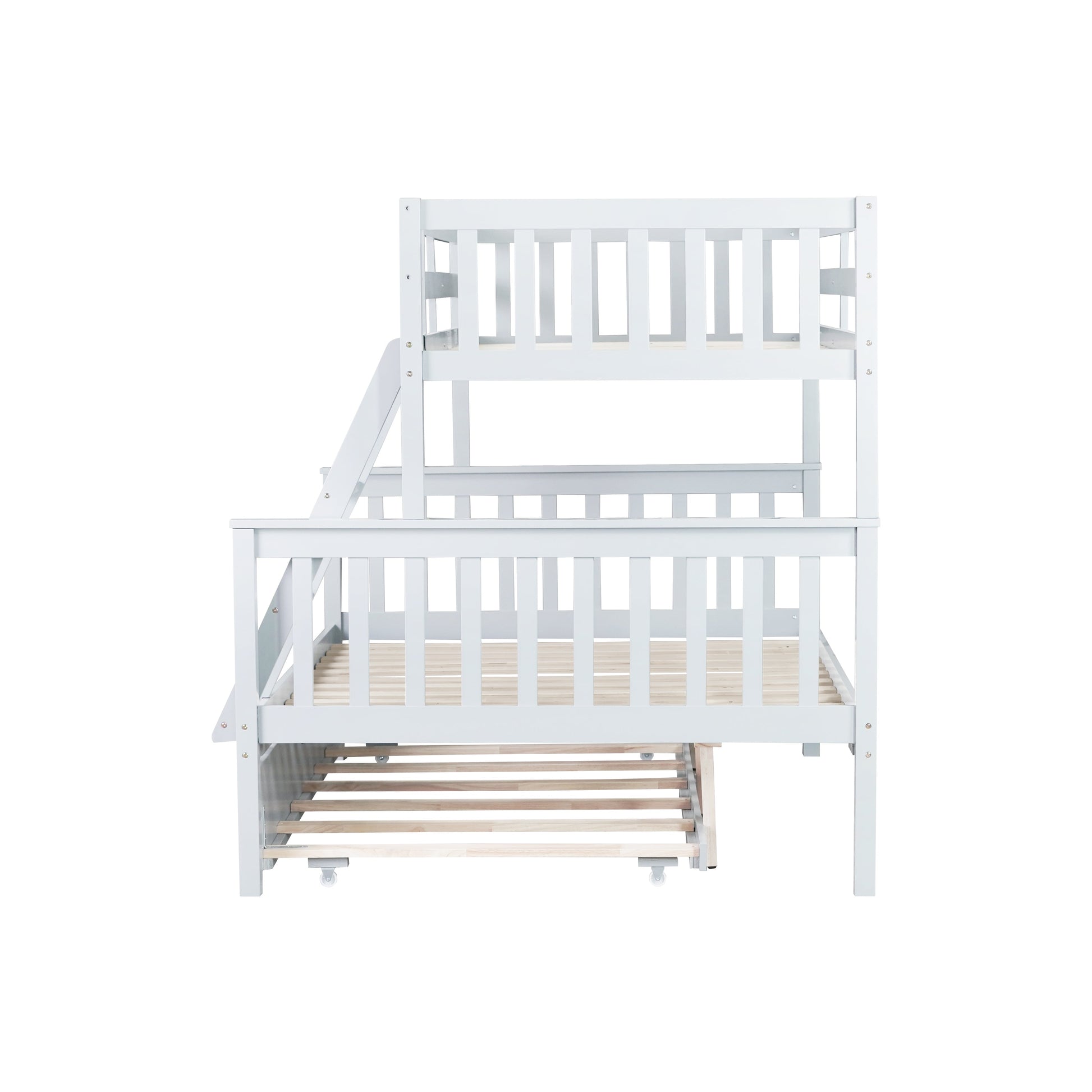 Perenna white twin over full bunk bed side view on white background