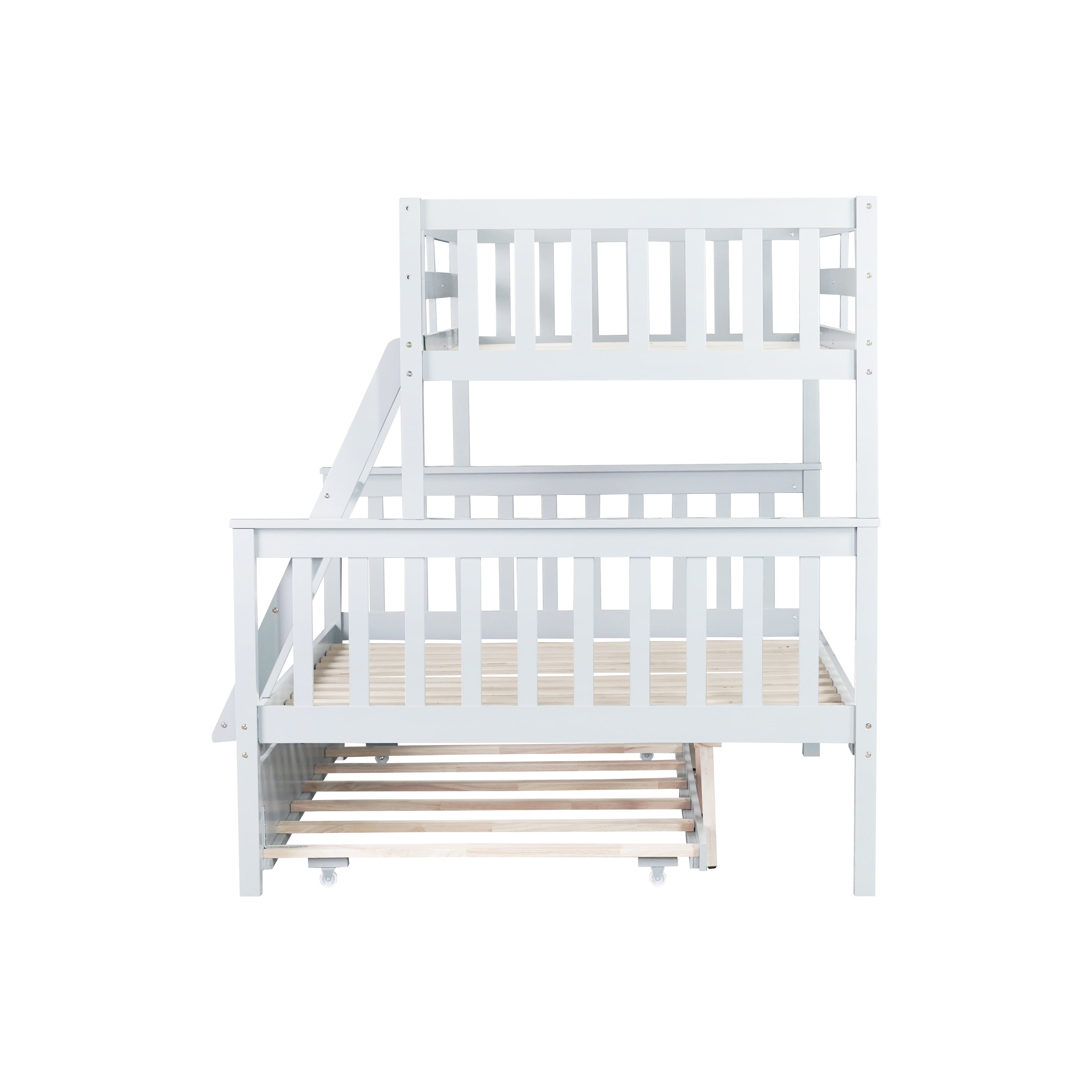 Perenna white twin over full bunk bed side view on white background