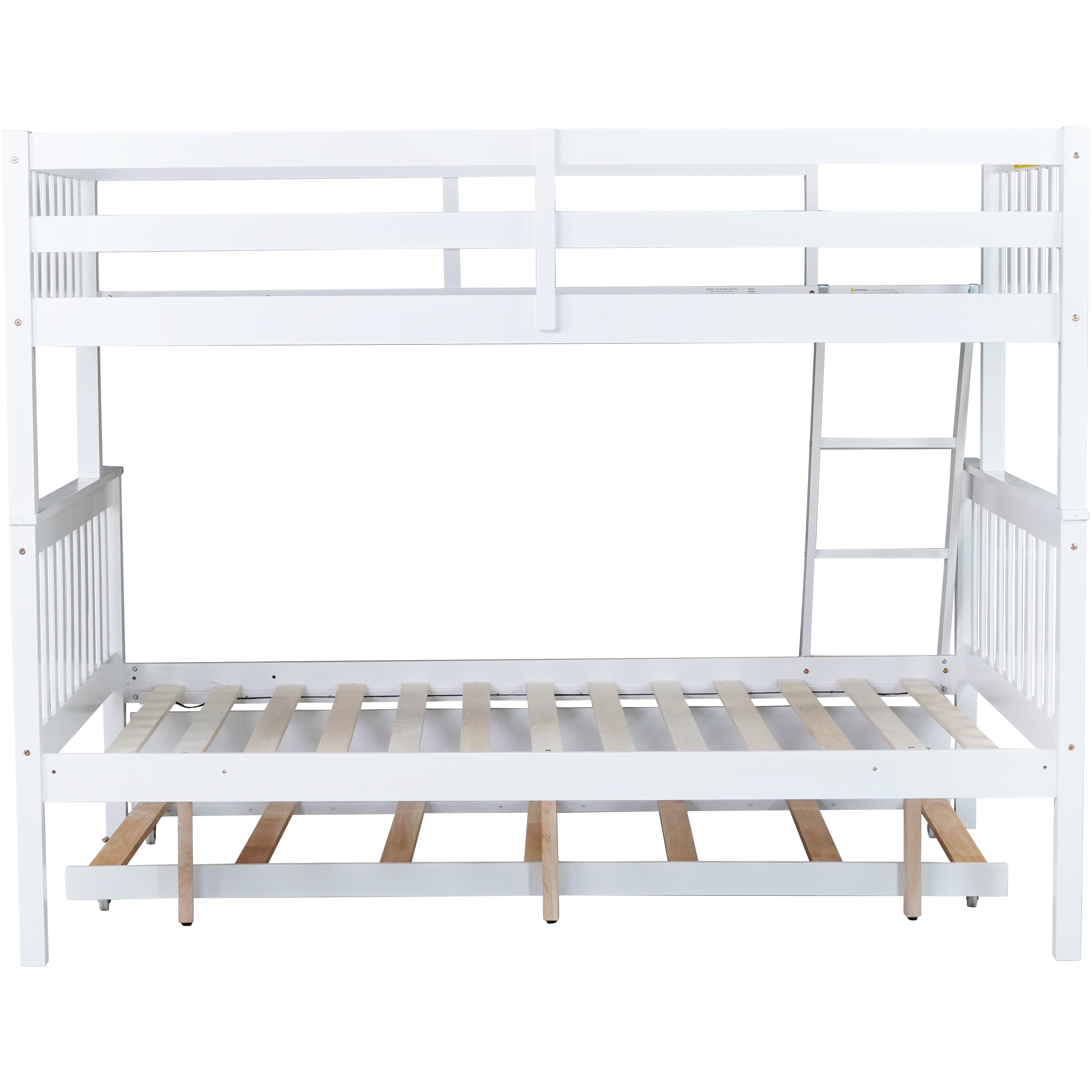 Perenna white twin over full bunk bed rear view with angled ladder on white background