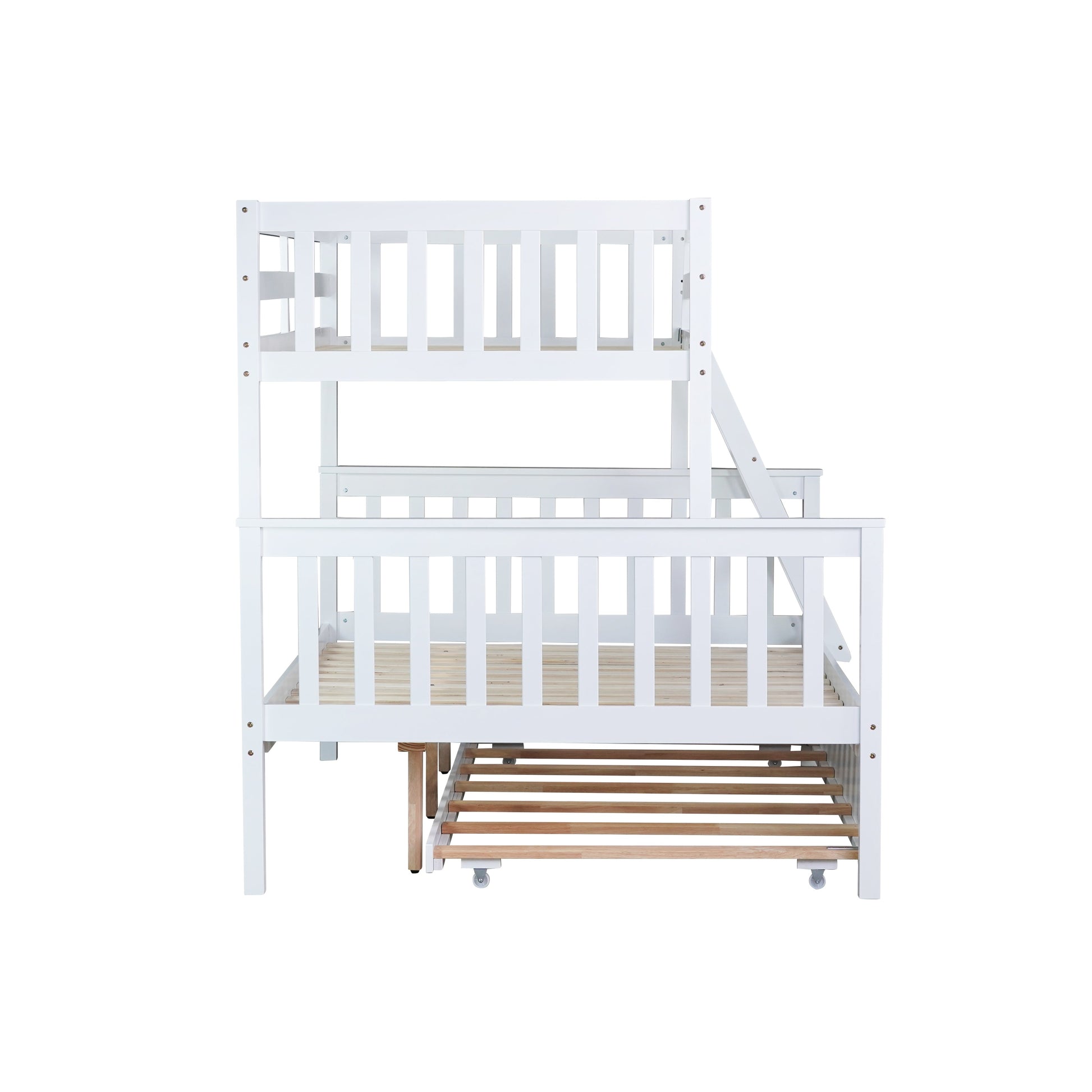 Perenna white twin over full bunk bed side view with angled ladder on white background