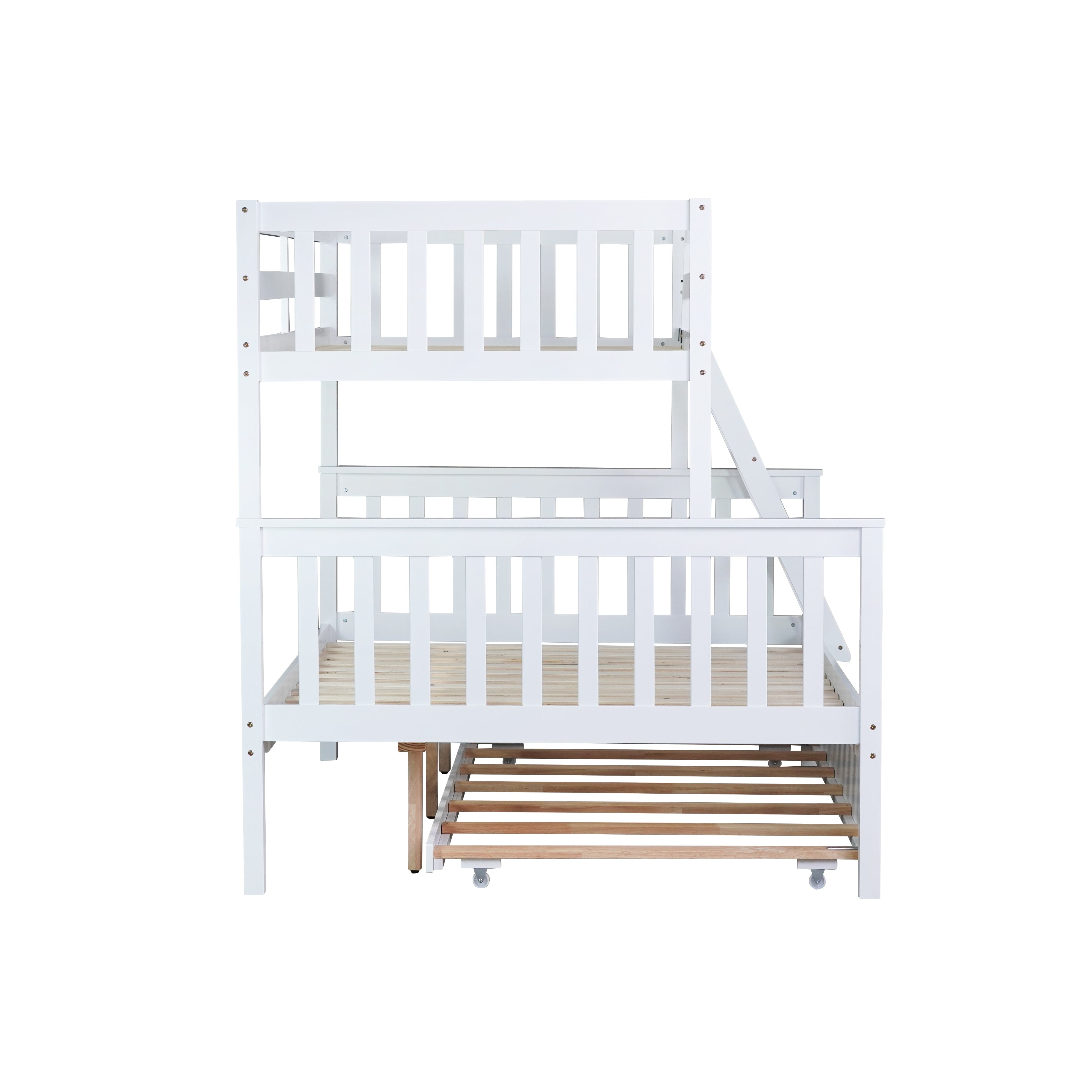 Perenna white twin over full bunk bed side view with angled ladder on white background