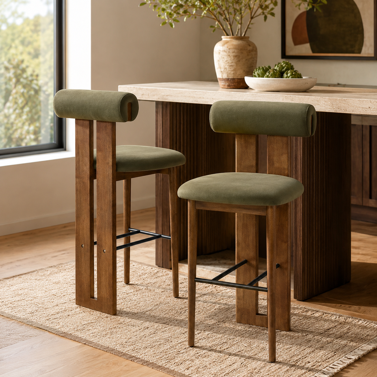 Pienza green upholstered bar stools in a home bar setting