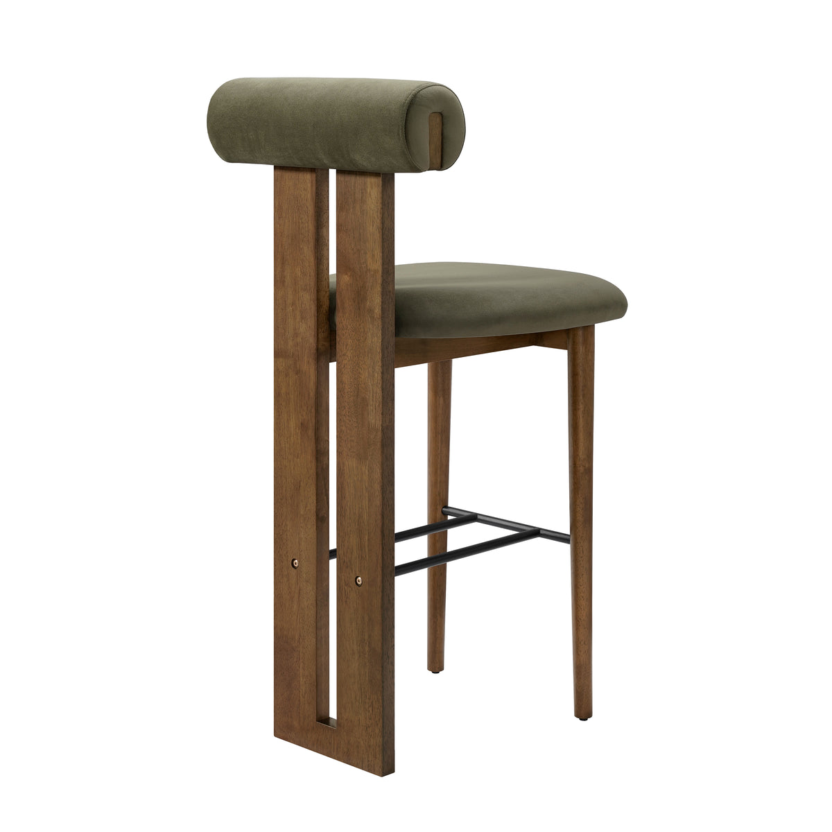 Pienza green upholstered bar stool angled view