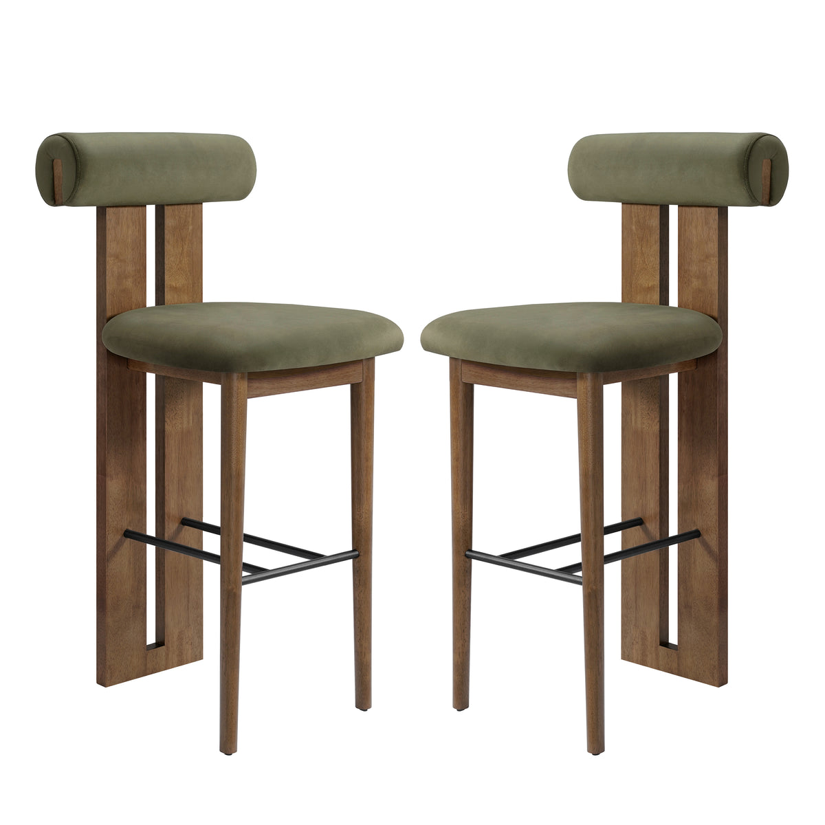 Pienza green upholstered bar stools angled view