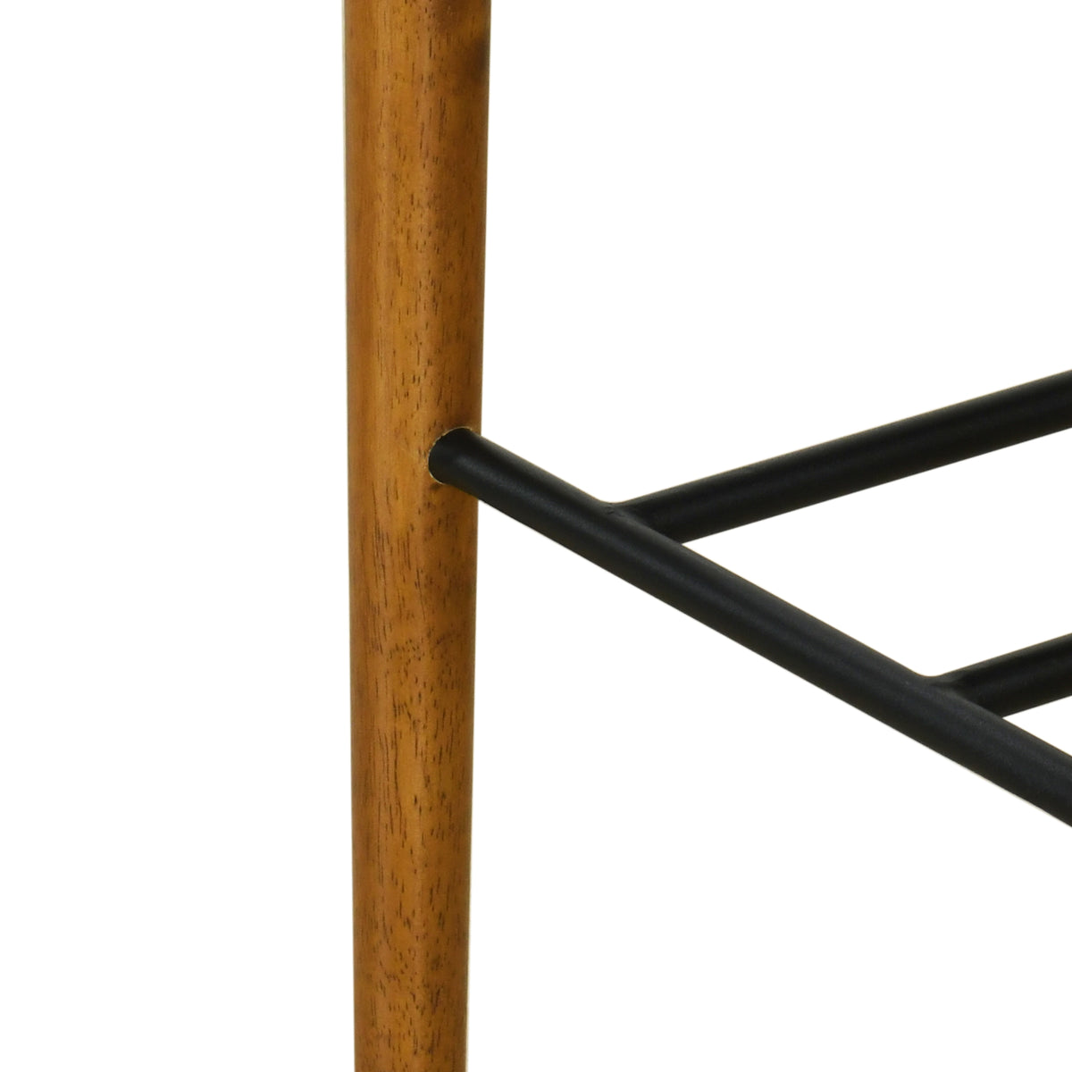 Pienza white upholstered bar stool showing black metal footrest detail
