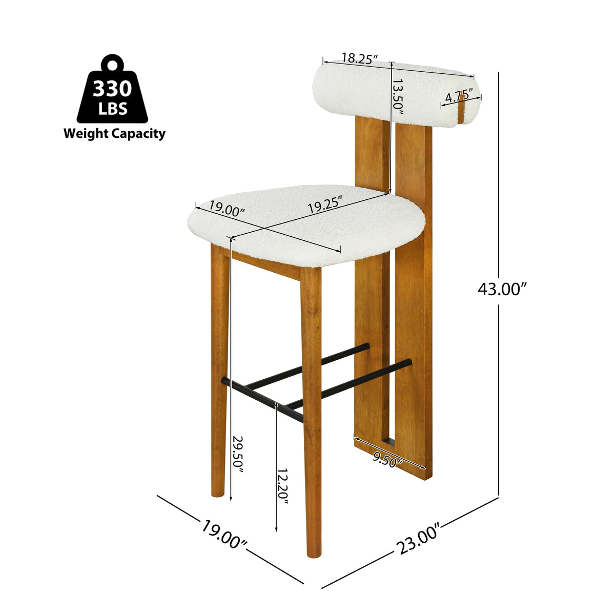 Pienza white upholstered bar stool showing product dimensions