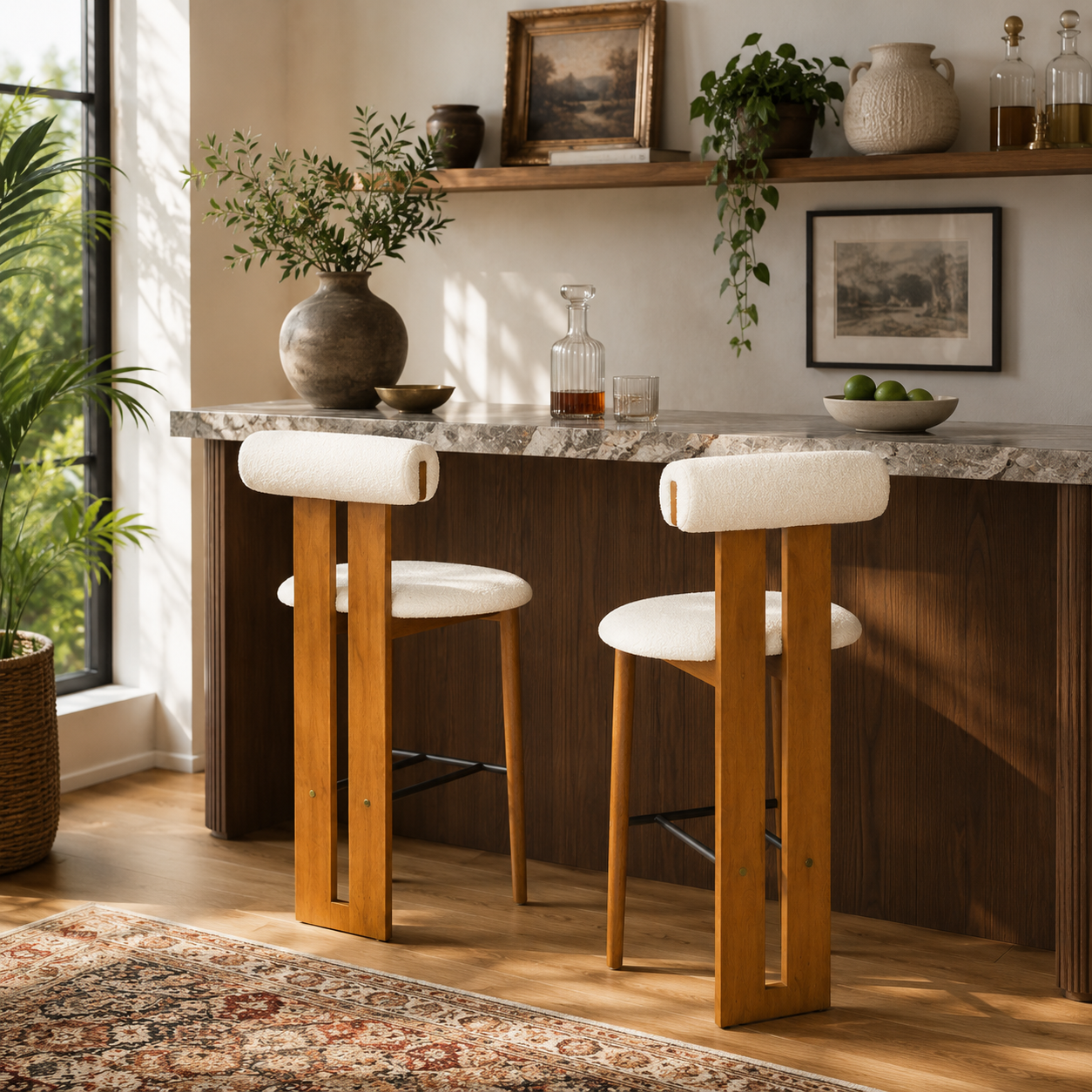 Pienza white upholstered bar stools in a kitchen island setting