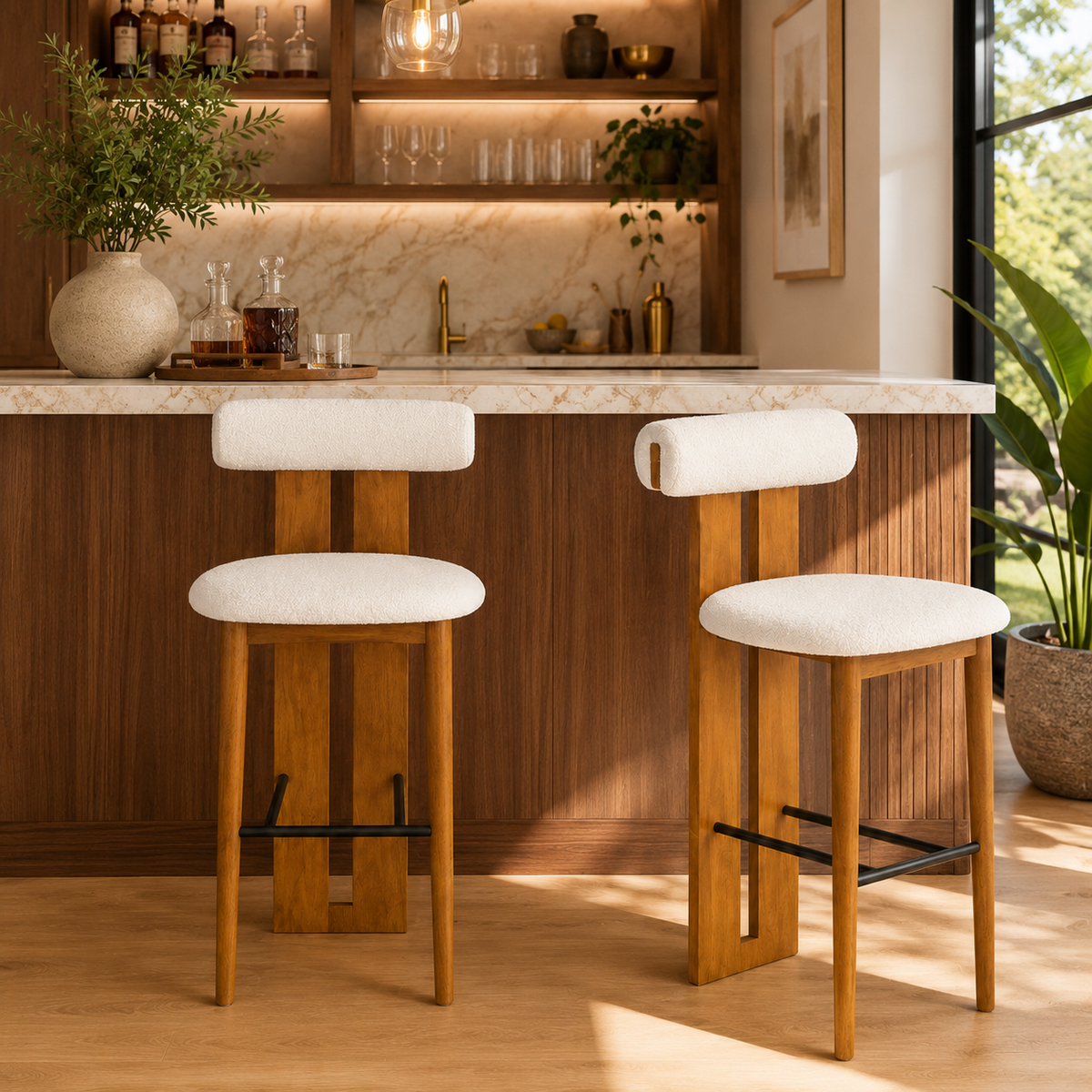 Pienza white upholstered bar stools in a modern kitchen bar setting