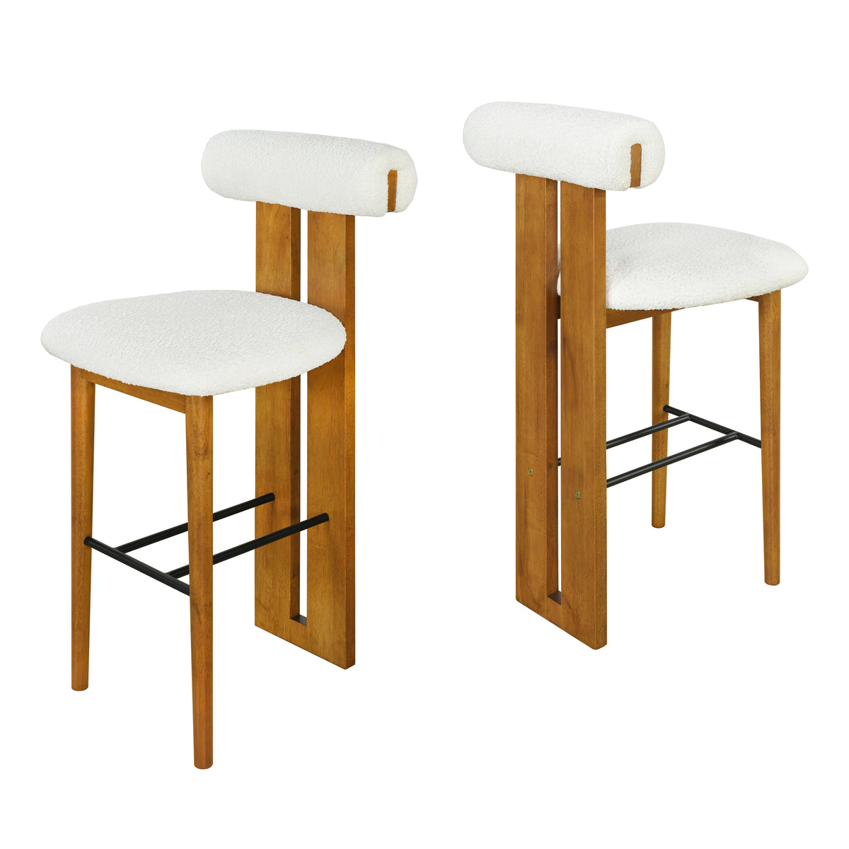 Pair of Pienza white upholstered bar stools angled view