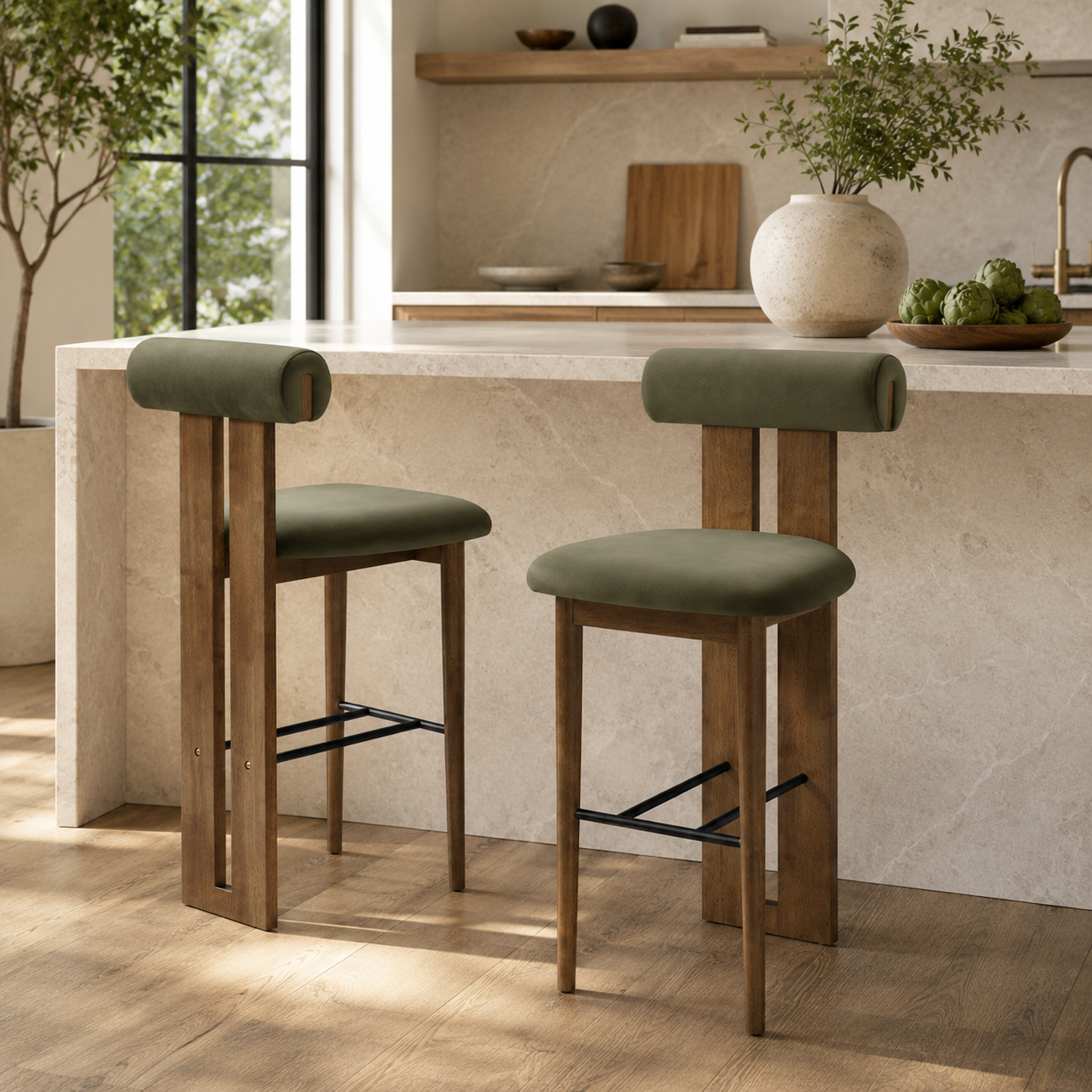 Pienza 29.5" Solid Rubberwood Bolster Back Upholstered Bar Height Stool Set of 2