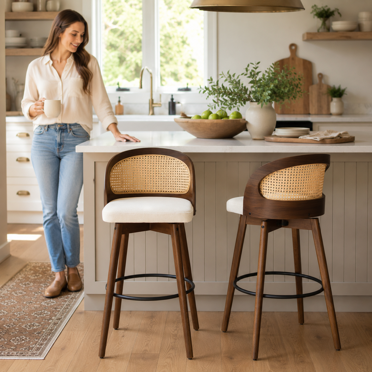 Pomerol 24" Solid Wood Swivel Counter Height Bar Stools with Cane Back Set of 2