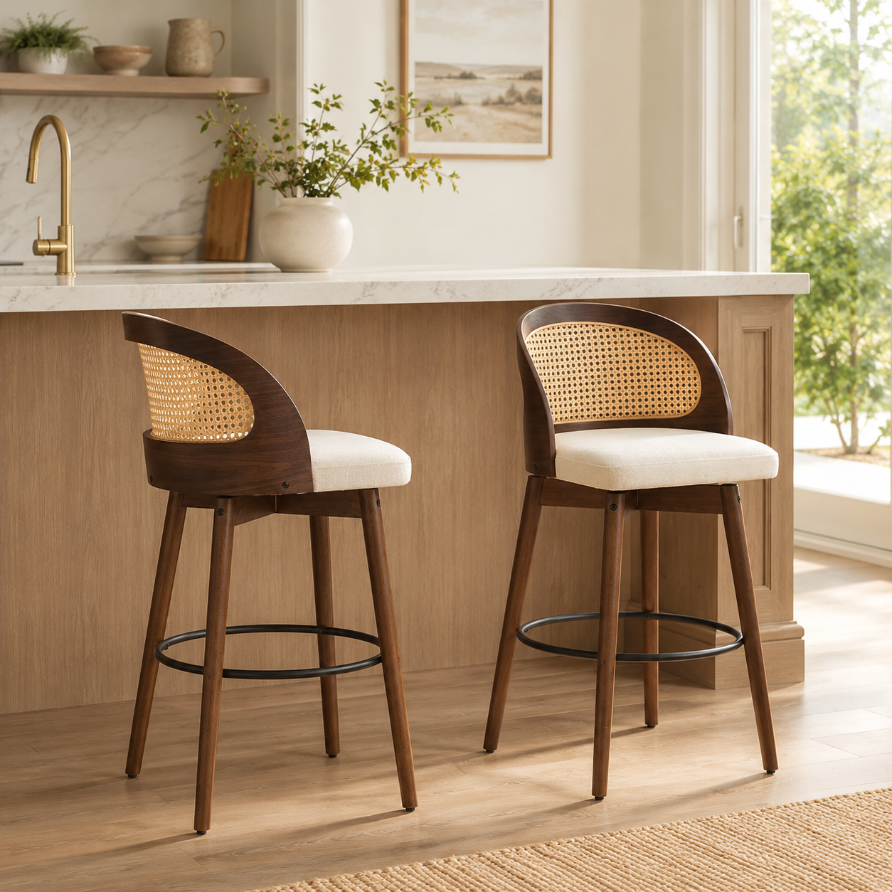 Pomerol 24" Solid Wood Swivel Counter Height Bar Stools with Cane Back Set of 2