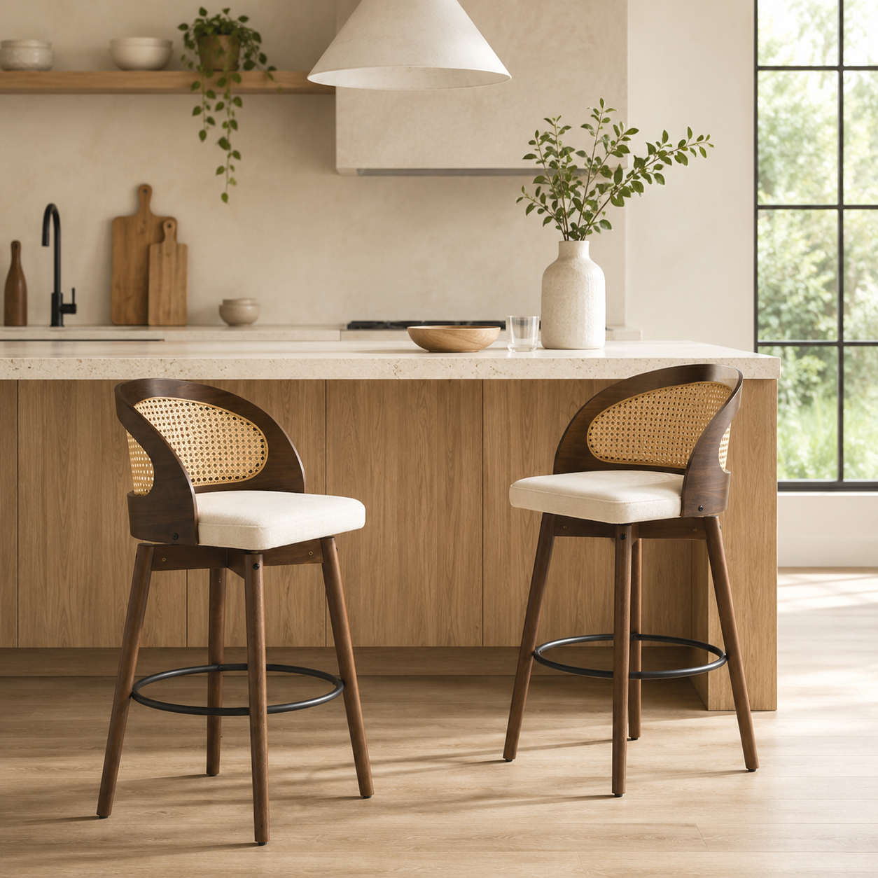 Pomerol 24" Solid Wood Swivel Counter Height Bar Stools with Cane Back Set of 2