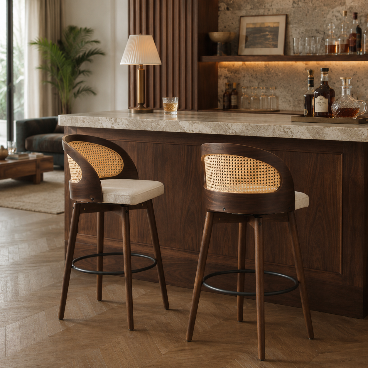 Pomerol 24" Solid Wood Swivel Counter Height Bar Stools with Cane Back Set of 2