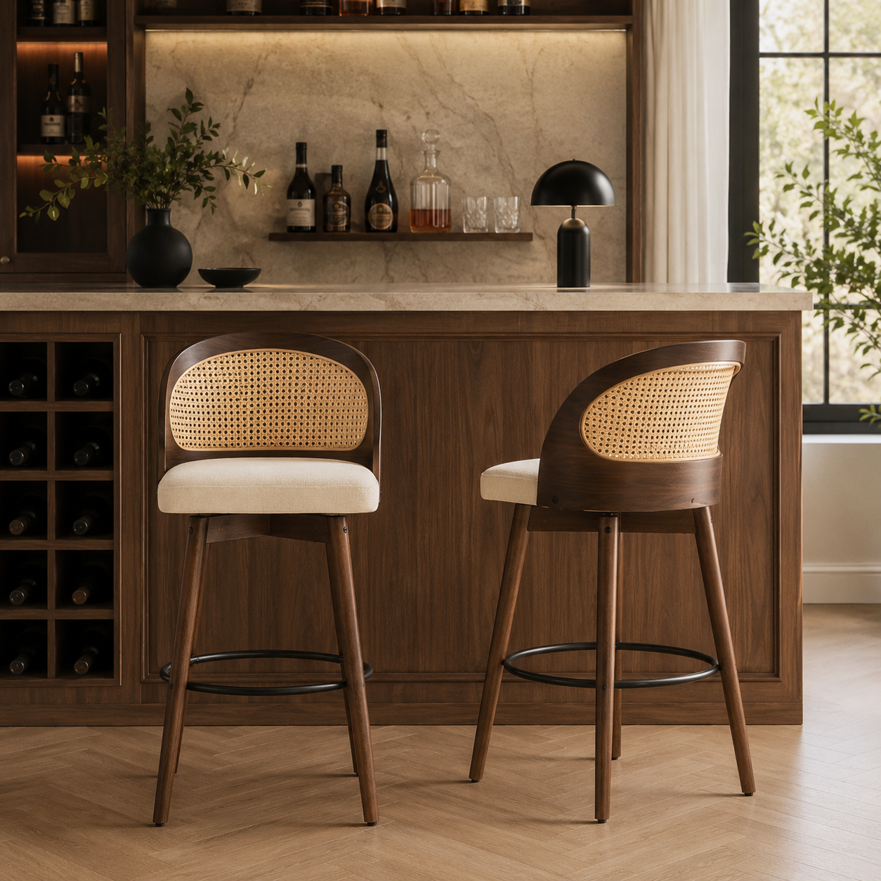 Pomerol 24" Solid Wood Swivel Counter Height Bar Stools with Cane Back Set of 2