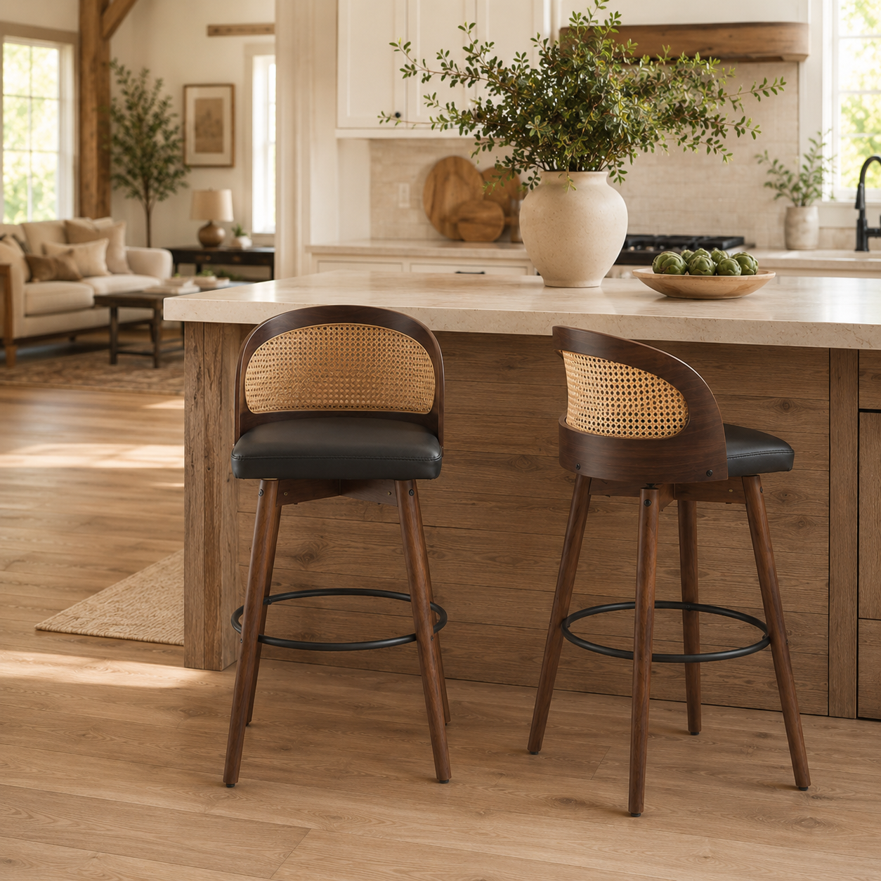 Pomerol 24" Solid Wood Swivel Counter Height Bar Stools with Cane Back Set of 2