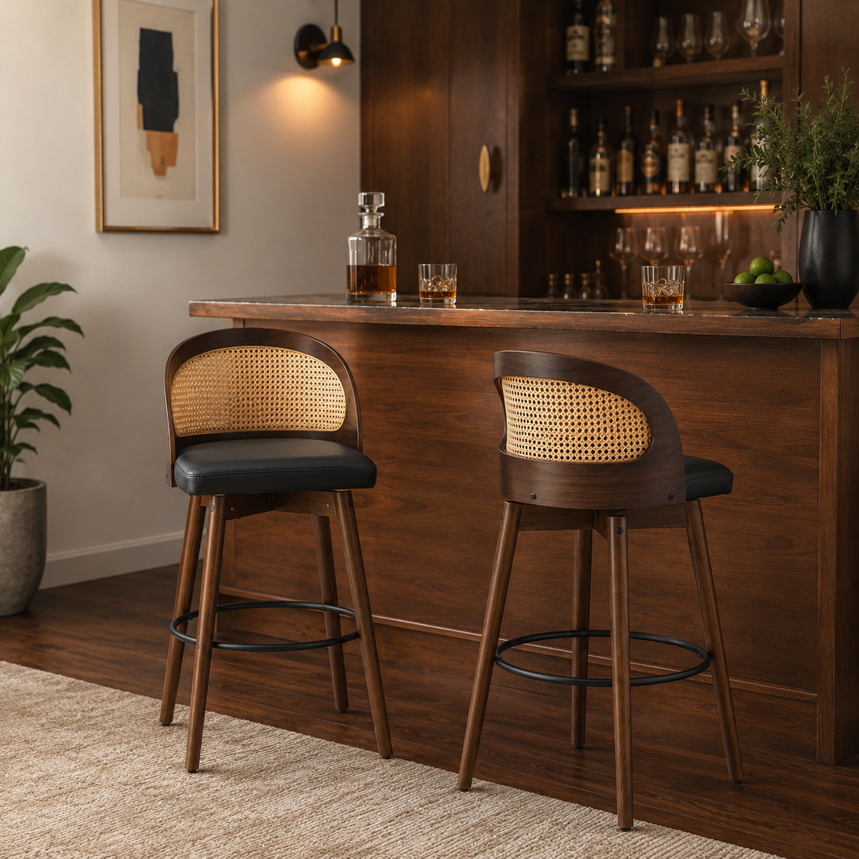 Pomerol 24" Solid Wood Swivel Counter Height Bar Stools with Cane Back Set of 2