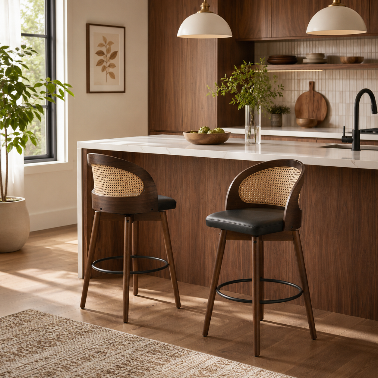 Pomerol 24" Solid Wood Swivel Counter Height Bar Stools with Cane Back Set of 2