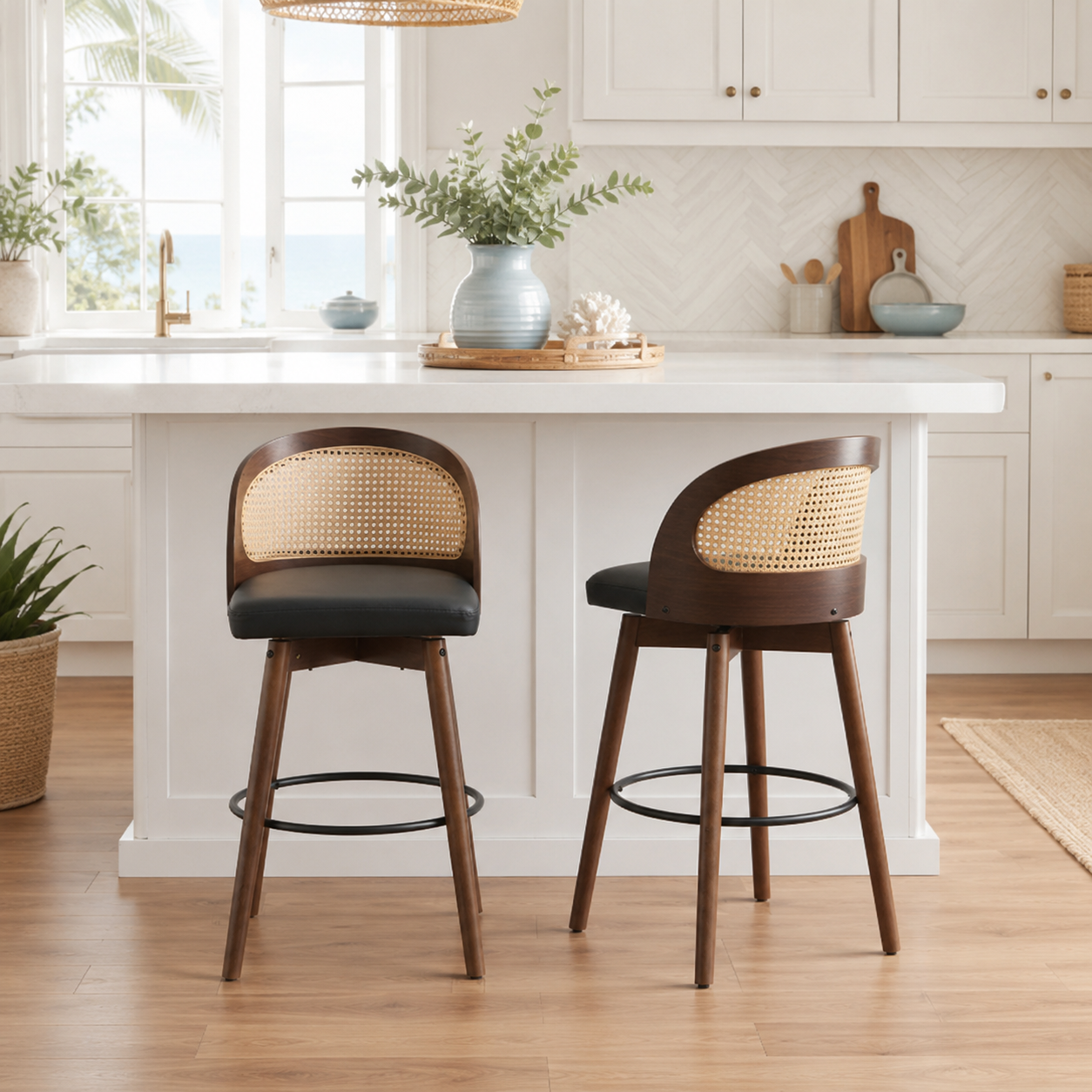 Pomerol 24" Solid Wood Swivel Counter Height Bar Stools with Cane Back Set of 2