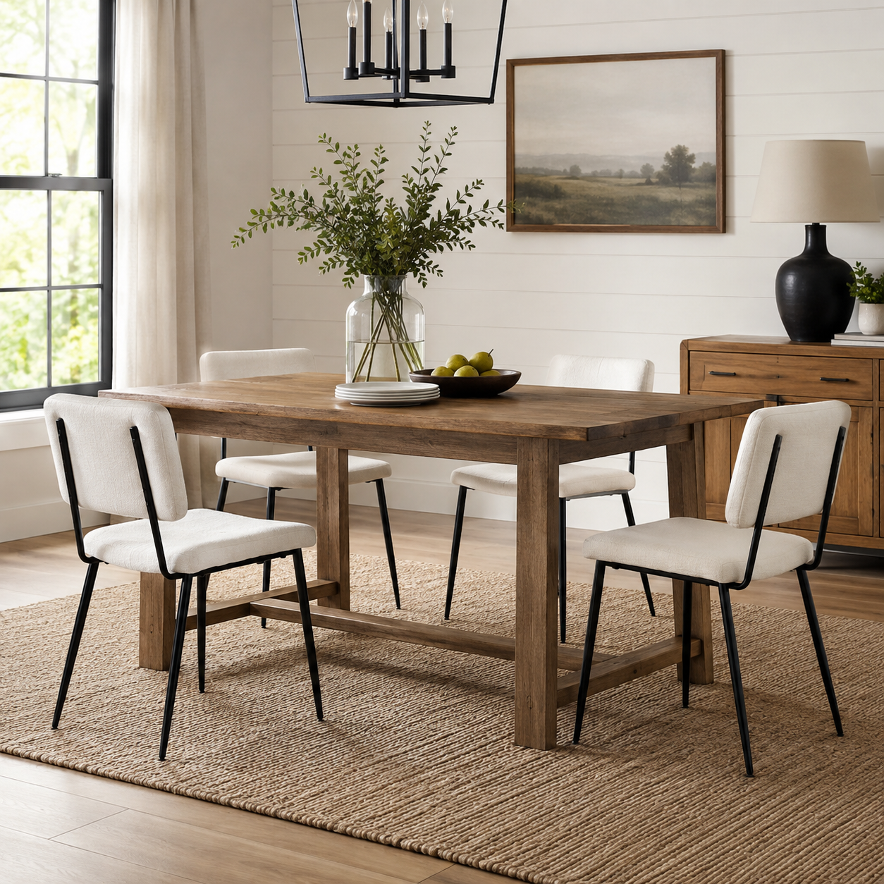 Pomona beige upholstered dining chairs set of 4 around a rectangular wood dining table