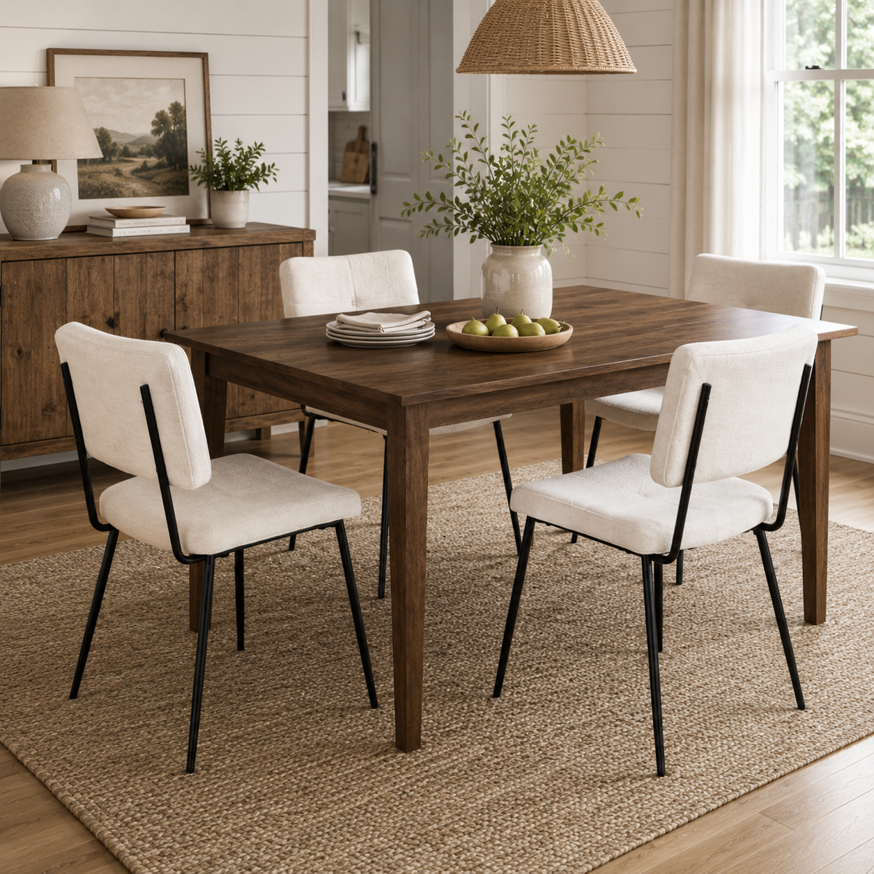 Pomona beige upholstered dining chairs set of 4 in a bright modern dining room