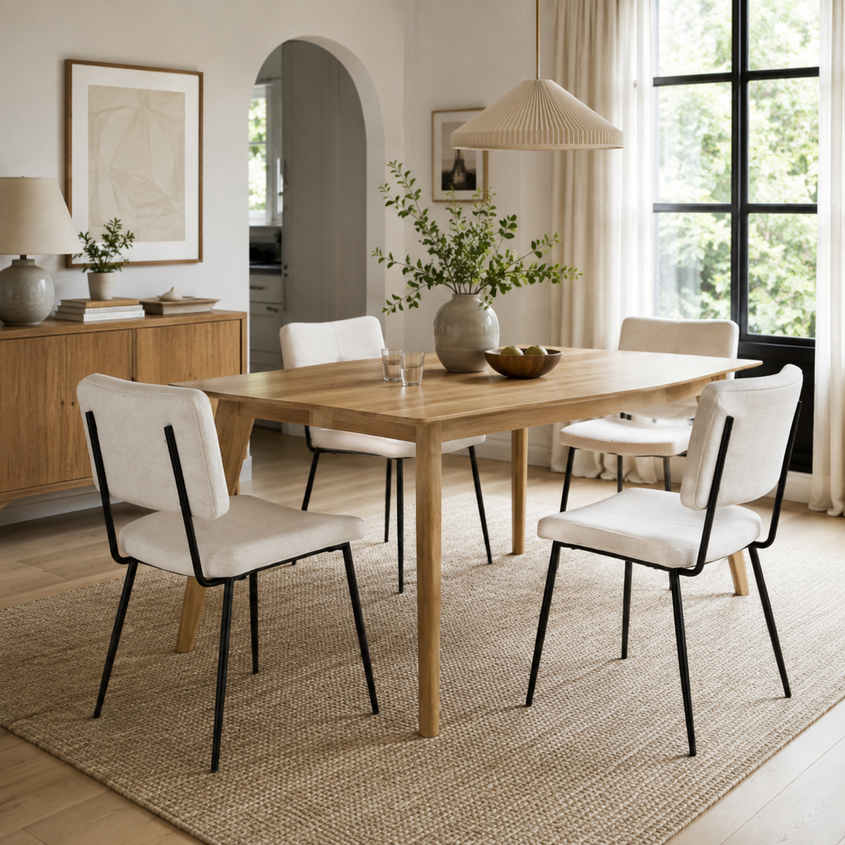 Pomona beige upholstered dining chairs set of 4 styled in a warm neutral dining space