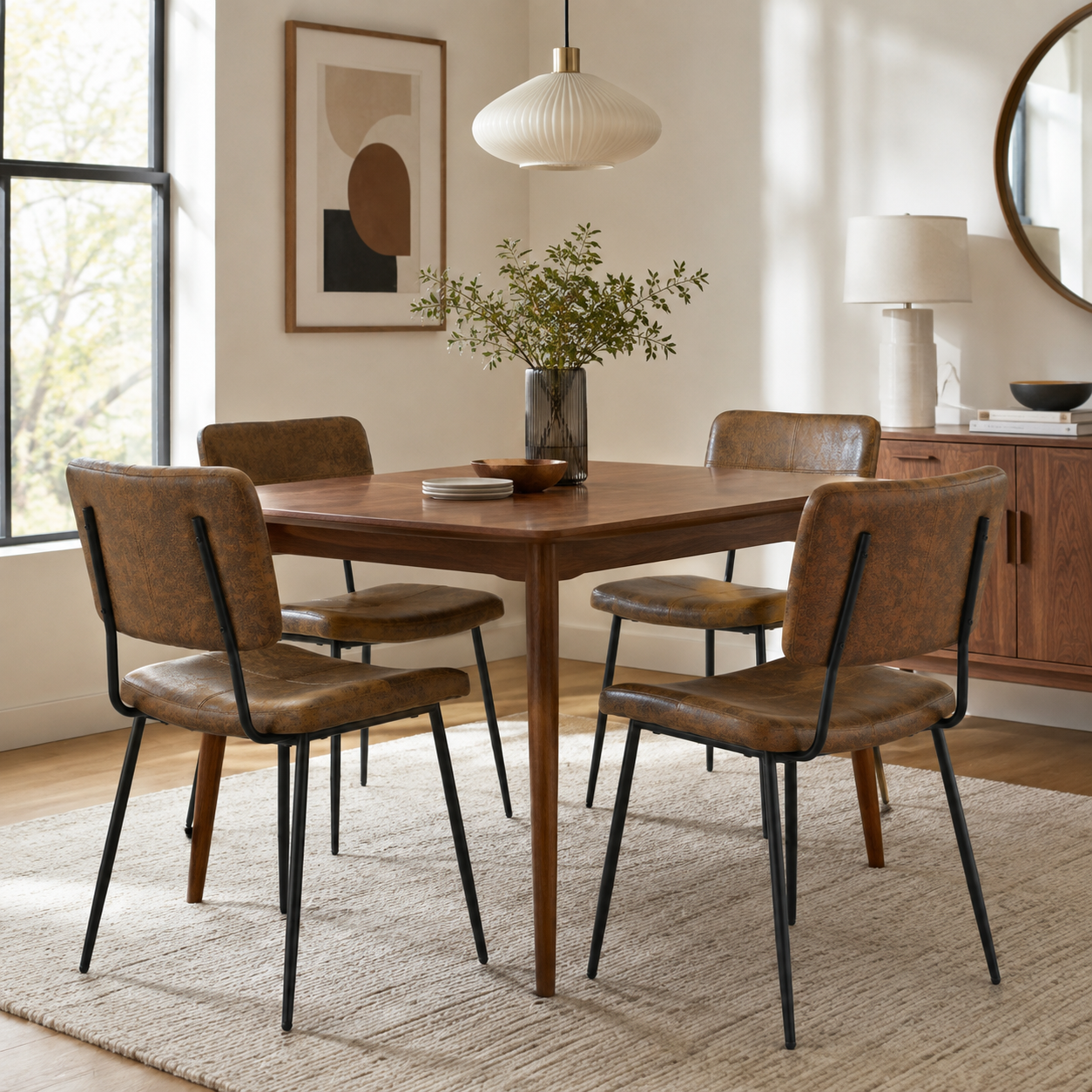 Pomona suede brown upholstered dining chairs set of 4 around a dark wood dining table