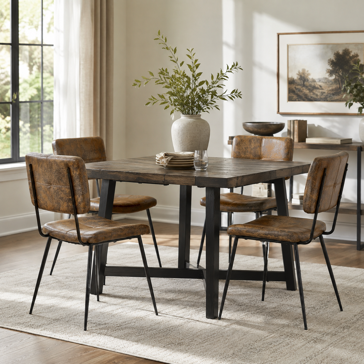 Pomona suede brown upholstered dining chairs set of 4 styled in a bright dining space