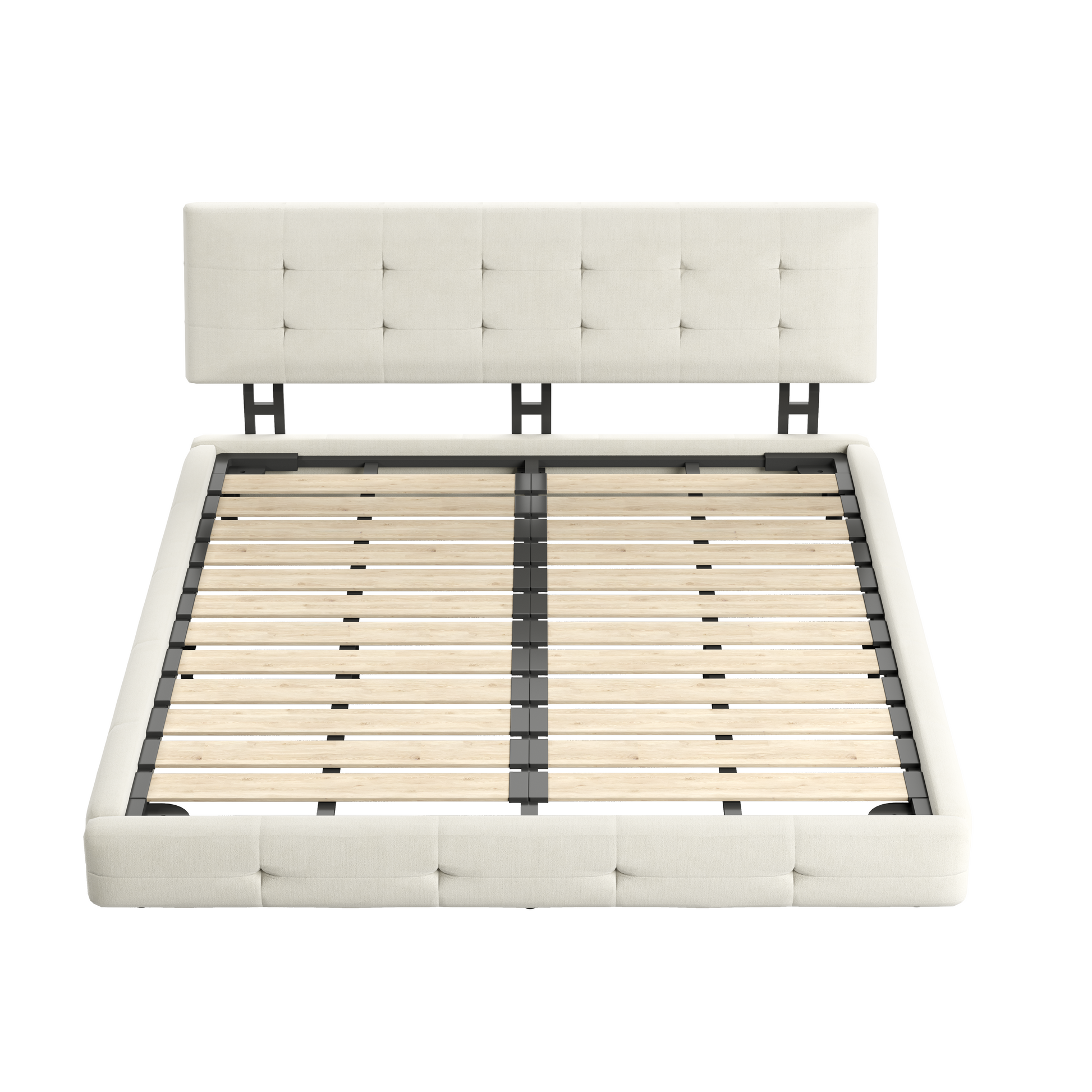 Pori beige king size chenille bed frame with wooden slats and tufted headboard detail