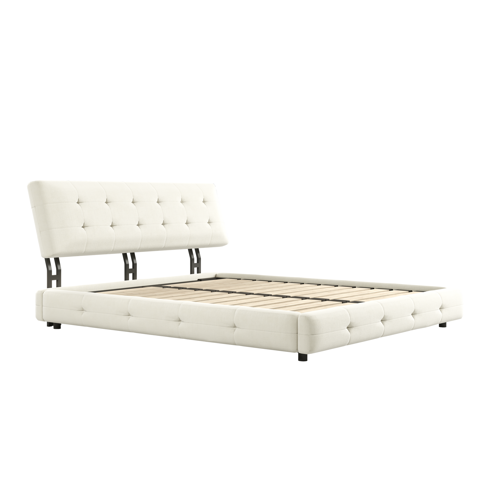 Pori beige queen size chenille bed frame with wooden slats and tufted headboard detail