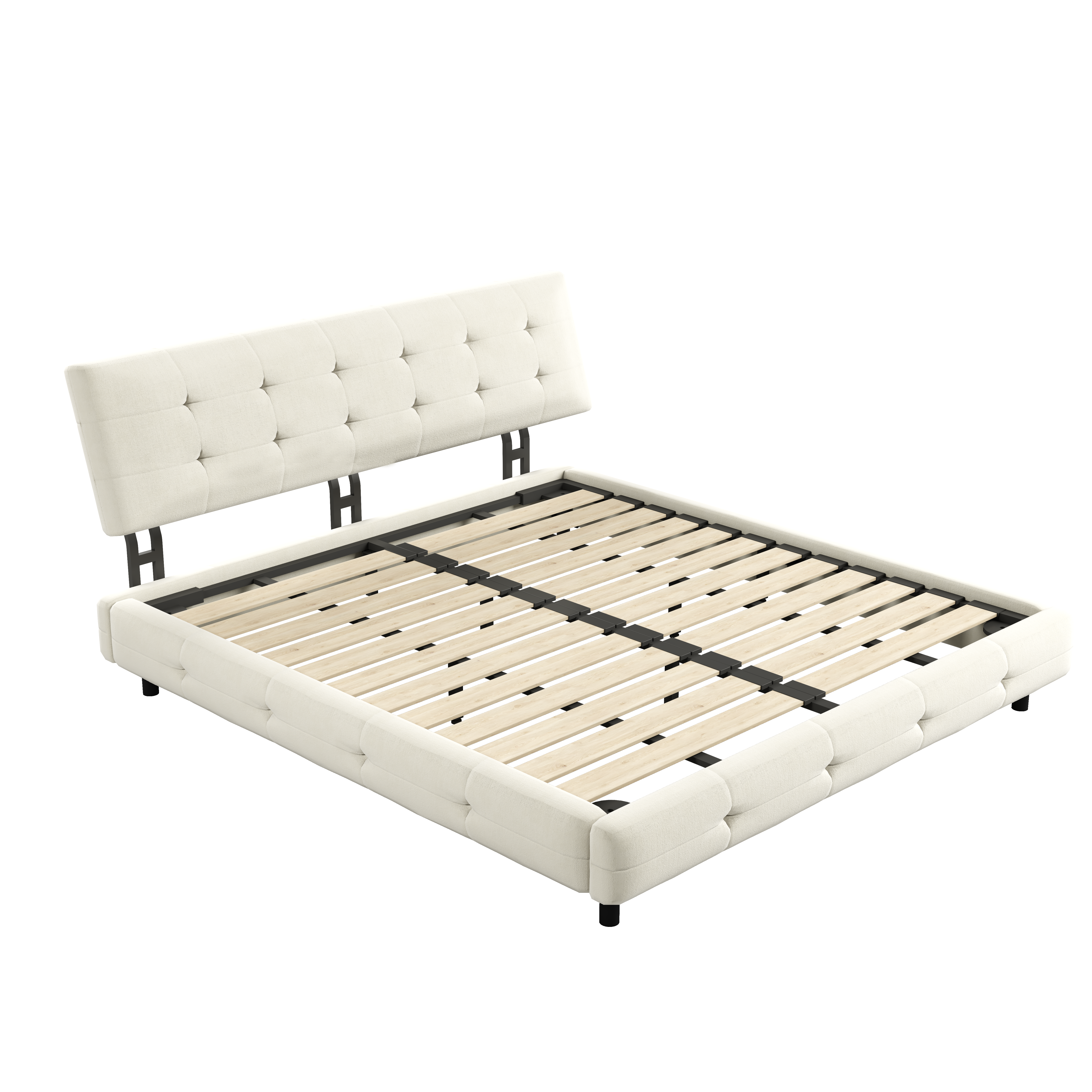 Pori beige king size chenille bed showing angled wooden slat platform frame detail