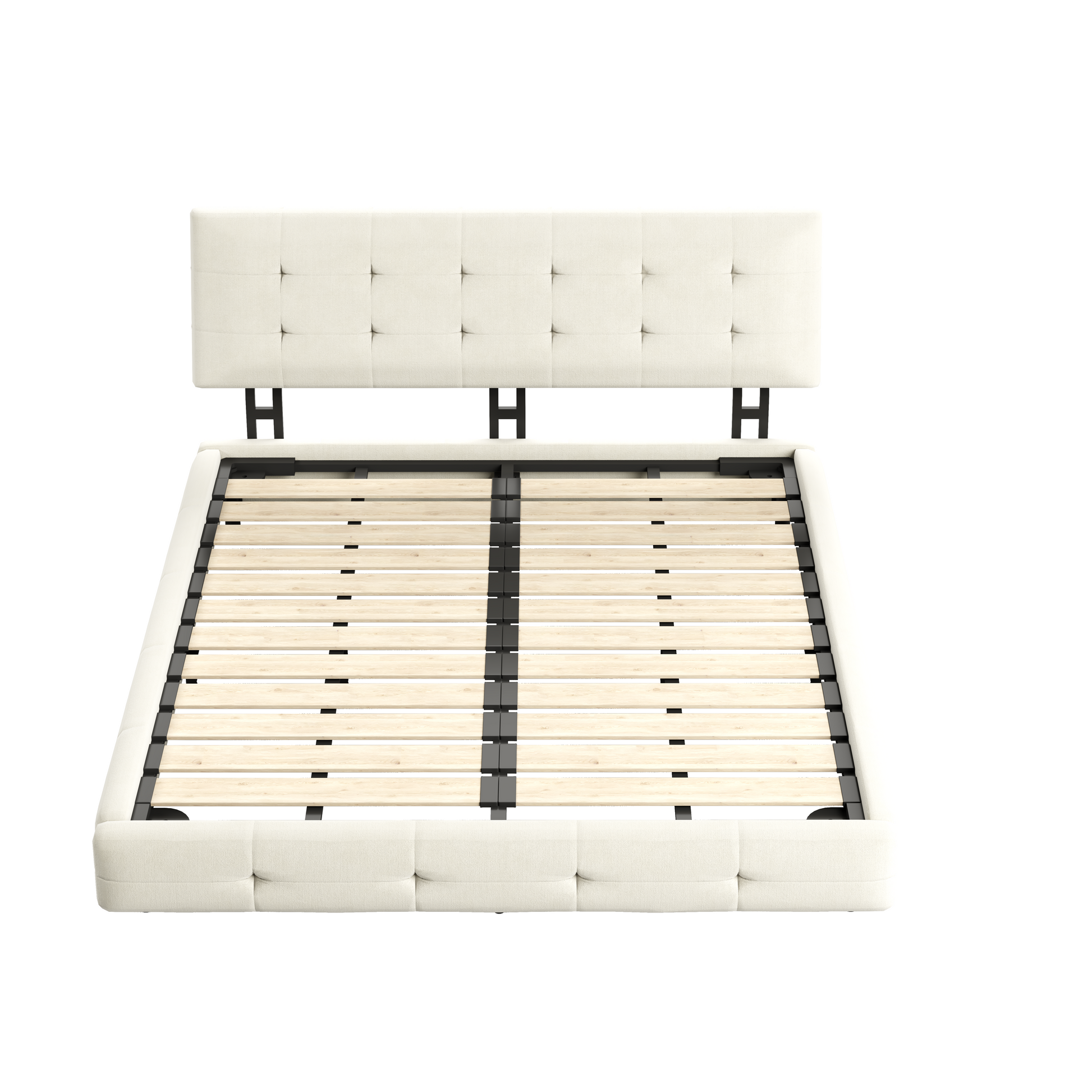 Pori beige queen size chenille bed showing angled wooden slat platform frame detail