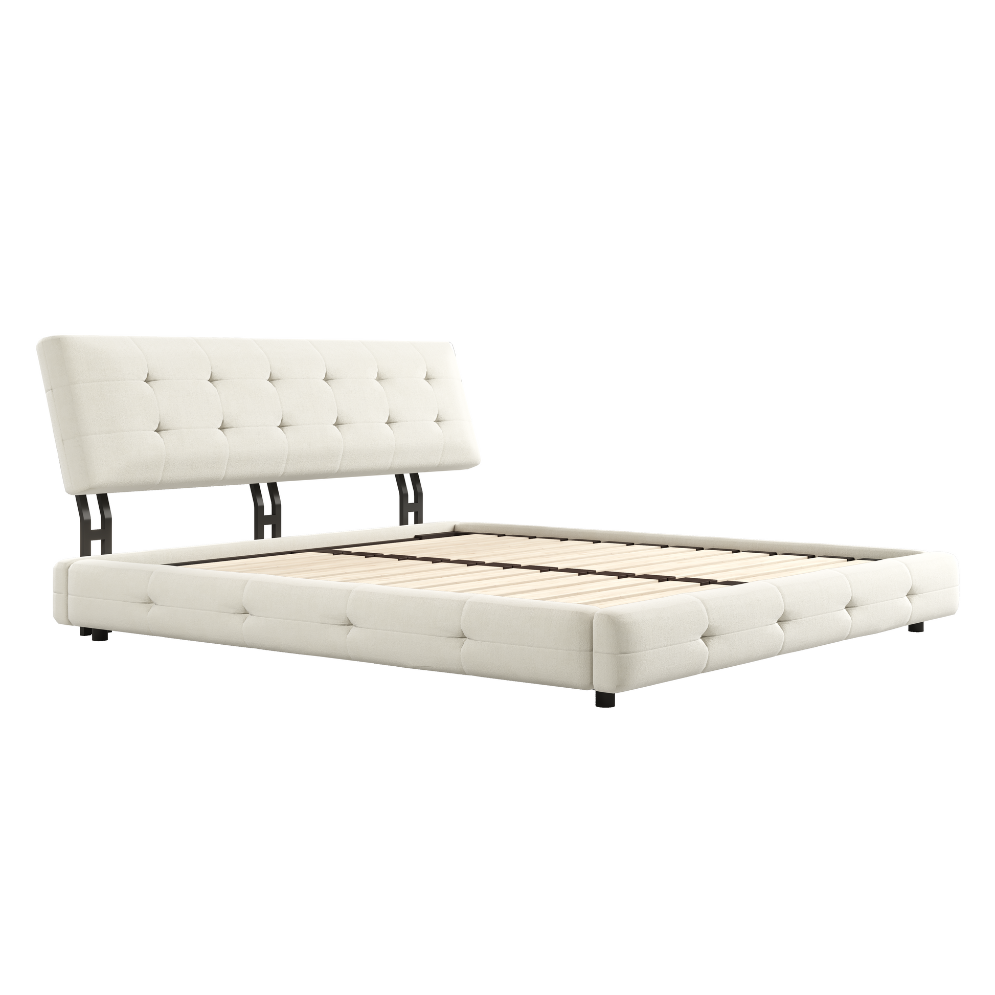 Pori beige king size chenille bed showing low profile platform frame and tufted headboard