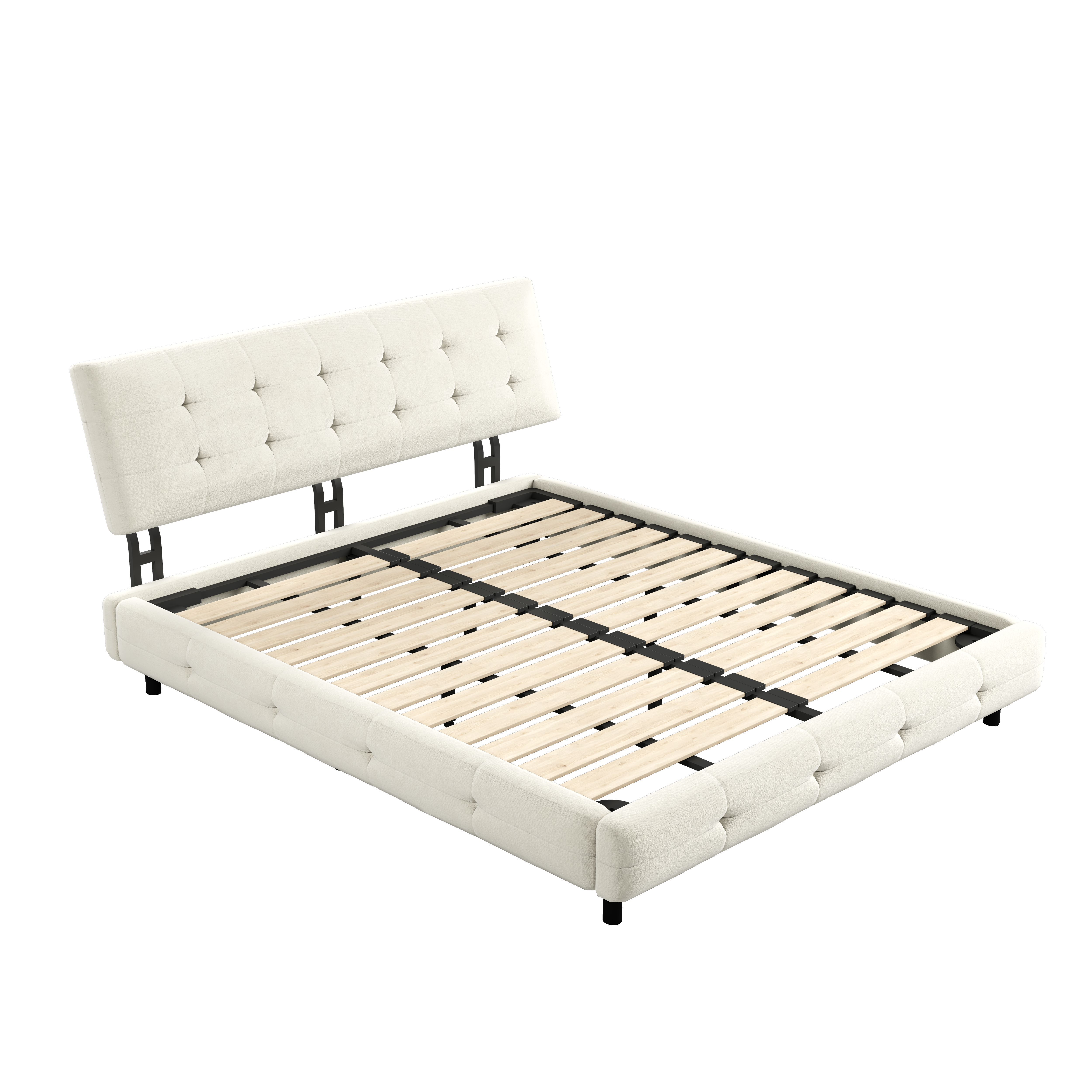 Pori beige queen size chenille bed wooden slat support system