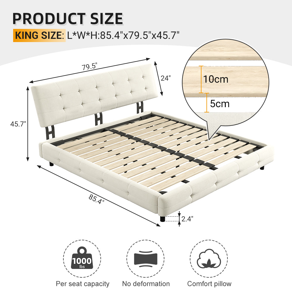 Pori beige king size chenille bed showing product dimensions wooden slat spacing and 1000 lbs capacity