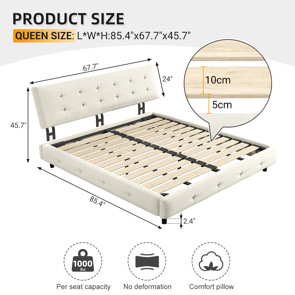 Pori beige queen size chenille bed showing product dimensions wooden slat spacing and 1000 lbs capacity