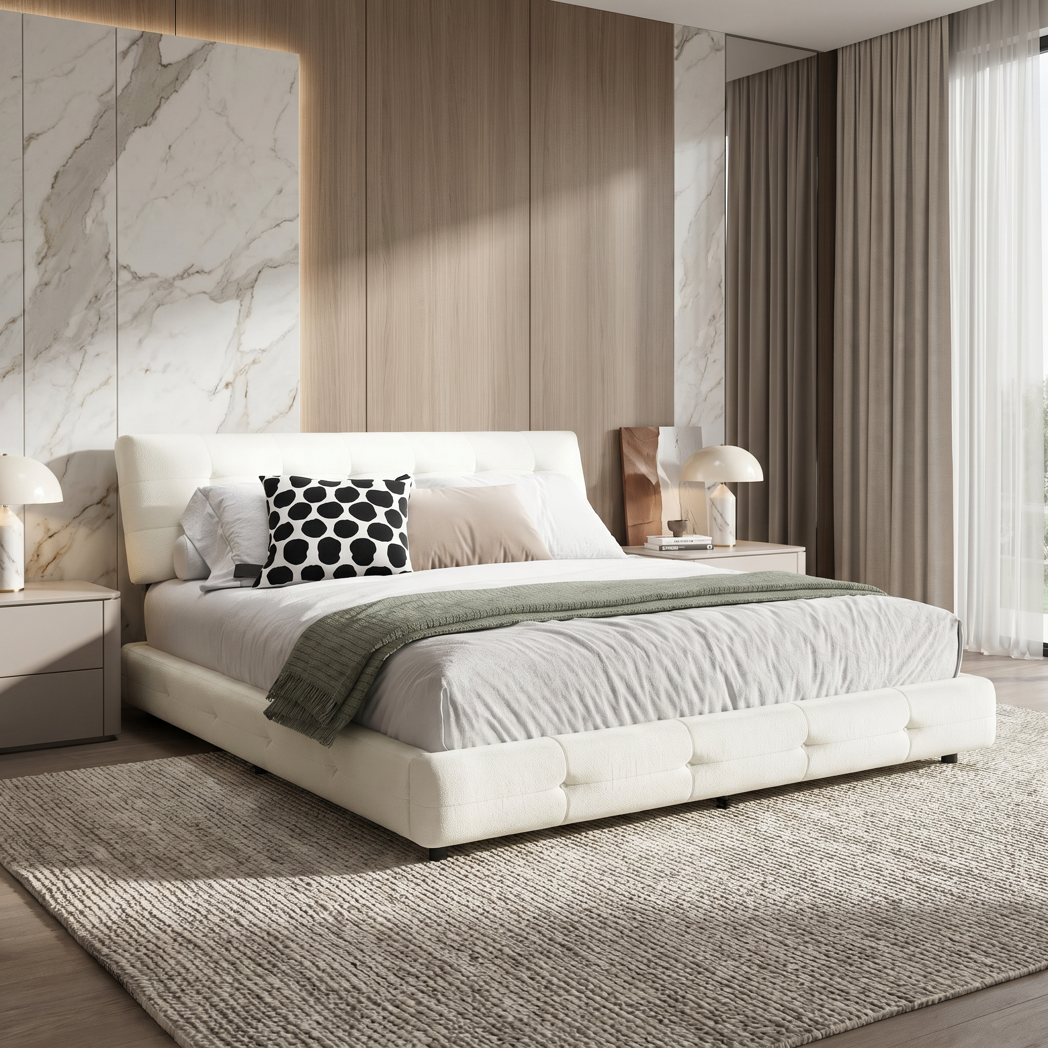 Pori beige king size chenille bed styled in modern bedroom with marble accent wall