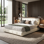 Pori beige queen size chenille bed styled in modern bedroom with dark wood wall panels