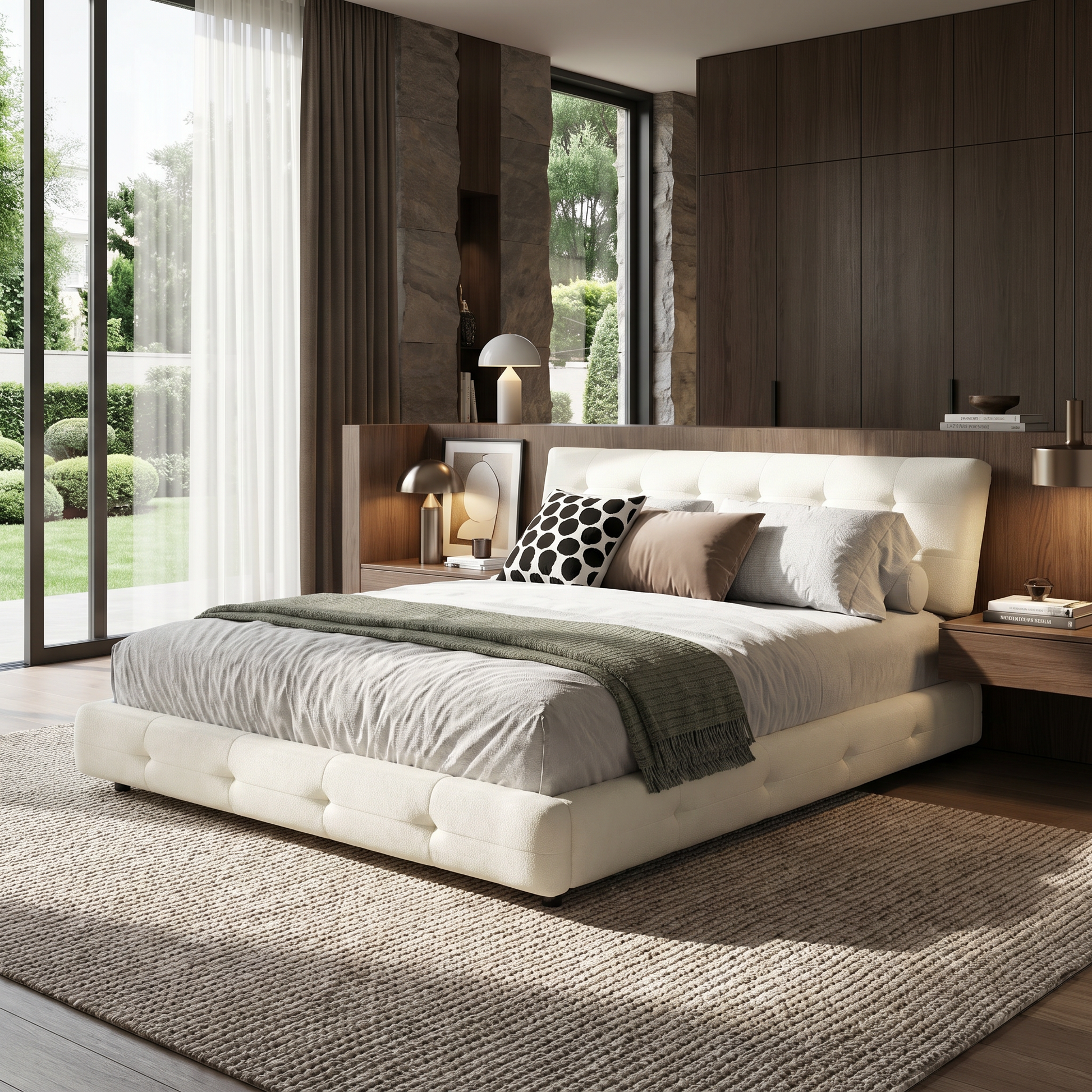 Pori beige queen size chenille bed styled in modern bedroom with dark wood wall panels
