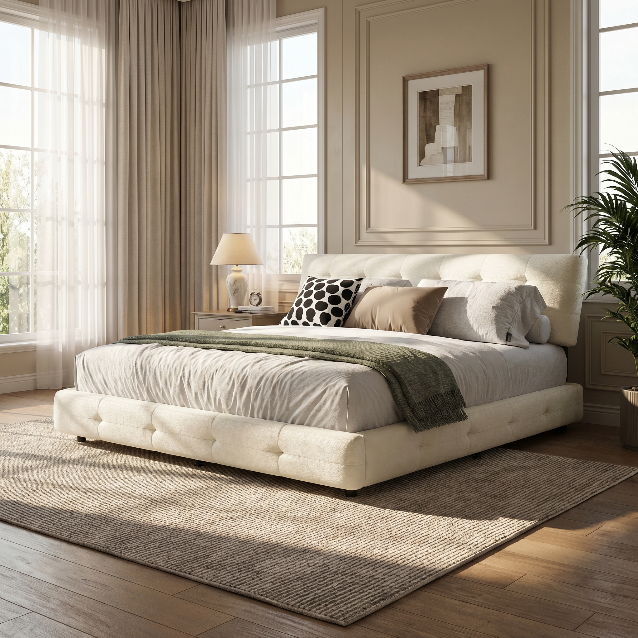 Pori beige king size chenille bed styled in bright contemporary bedroom with large windows