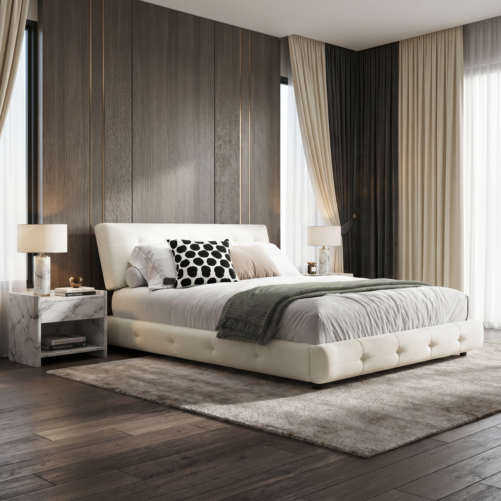 Pori beige queen size chenille bed styled in contemporary bedroom with marble nightstand