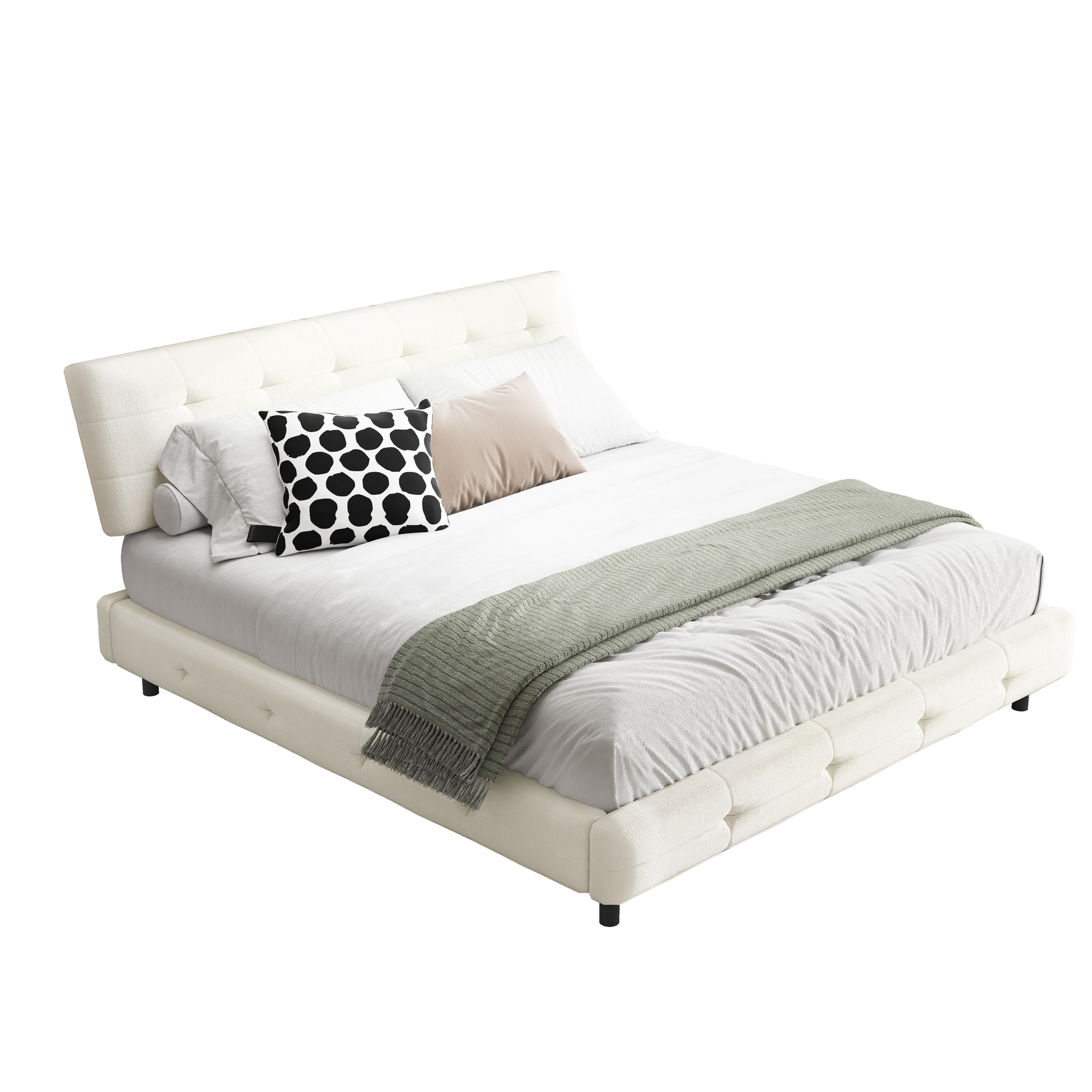 Pori beige king size chenille bed showing front angled view isolated bed image on white background