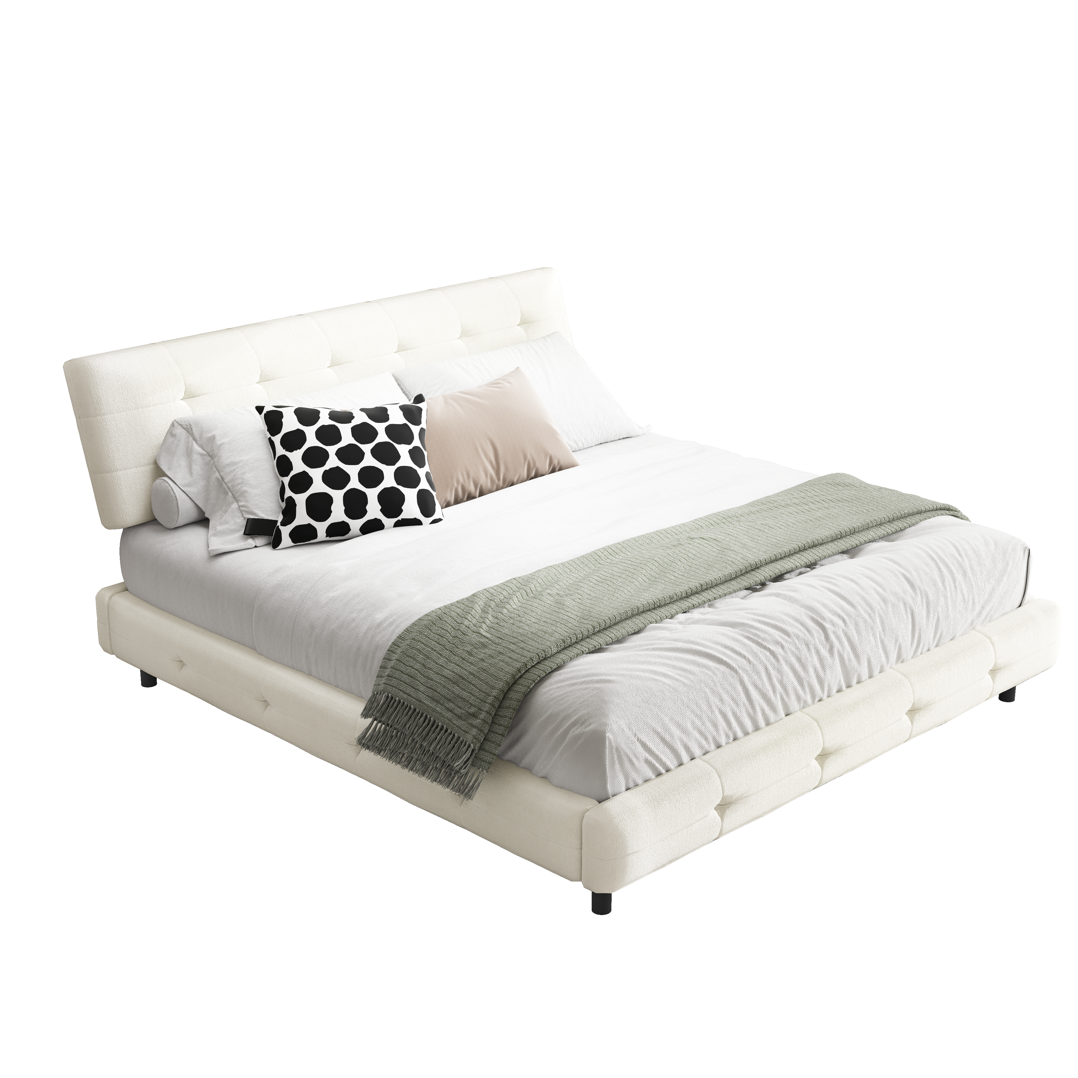 Pori beige king size chenille bed showing front angled view isolated bed image on white background