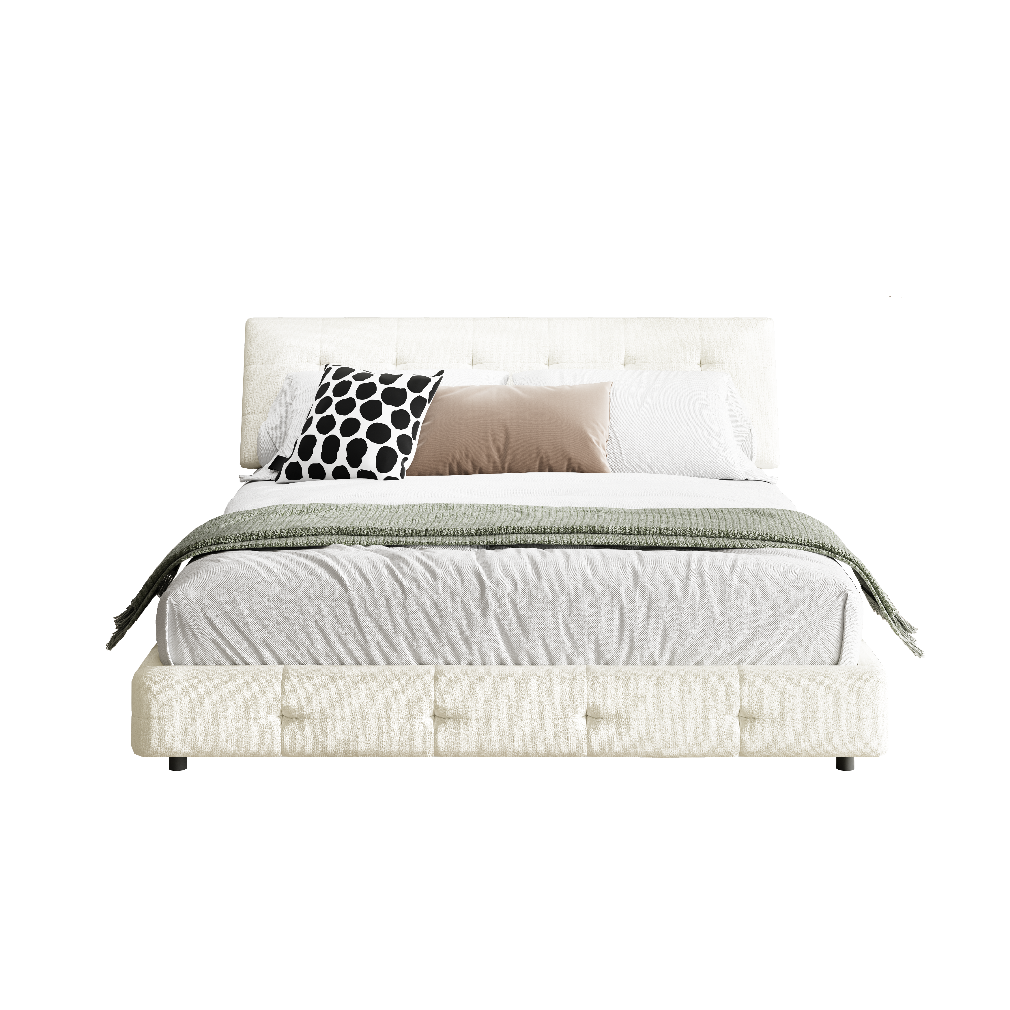 Pori beige queen size chenille bed showing front view isolated bed image on white background