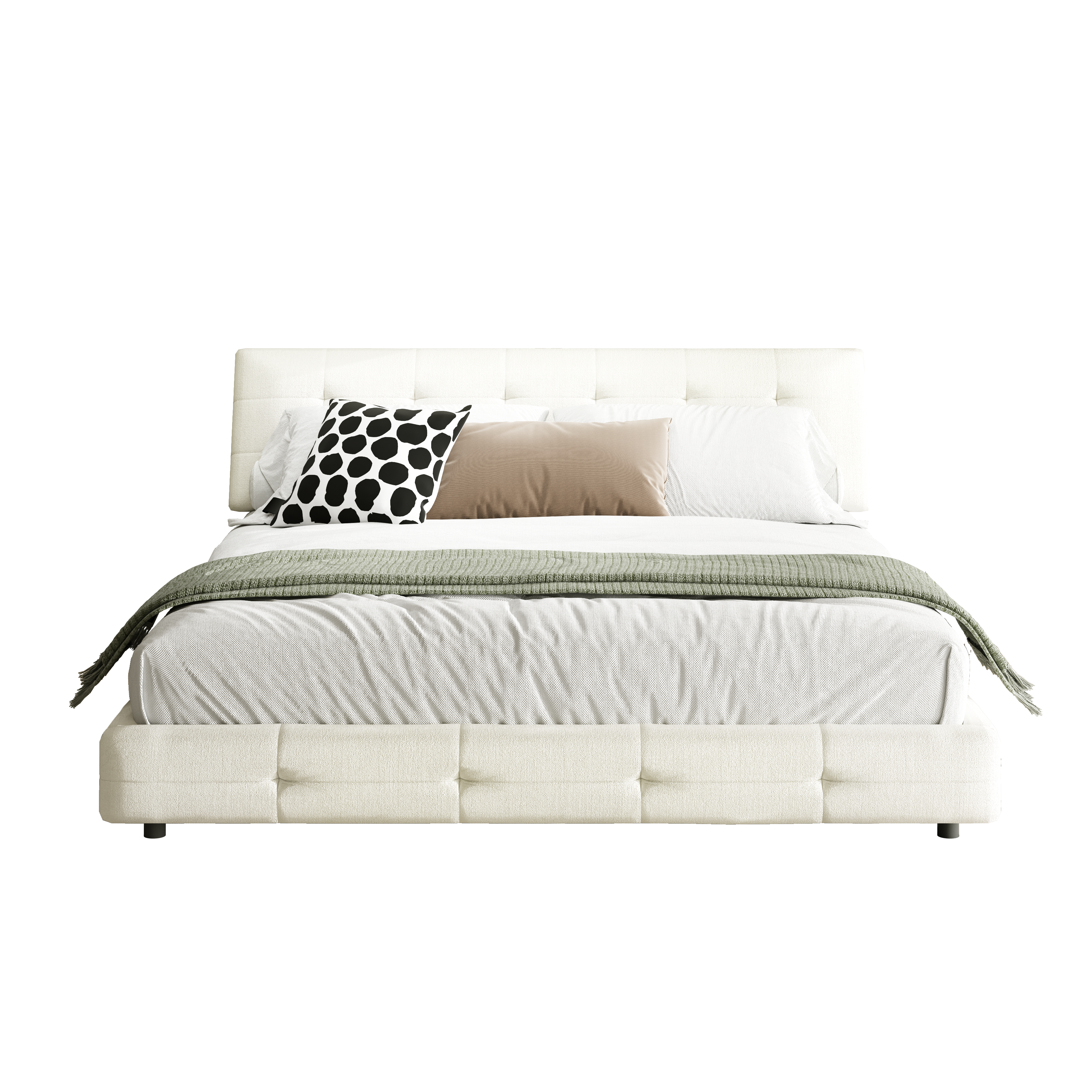 Pori beige king size chenille bed showing front view isolated bed image on white background