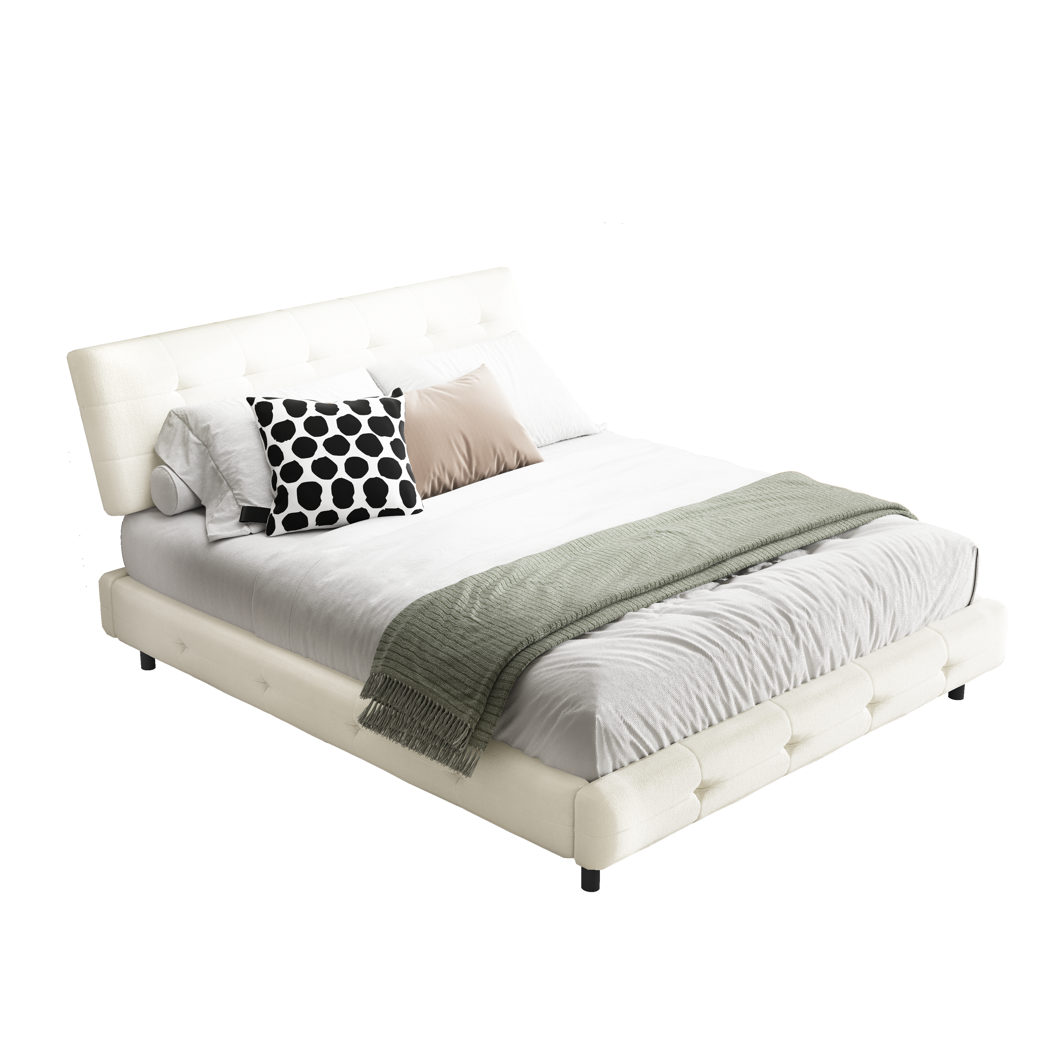 Pori beige queen size chenille bed showing front angled view isolated bed image on white background