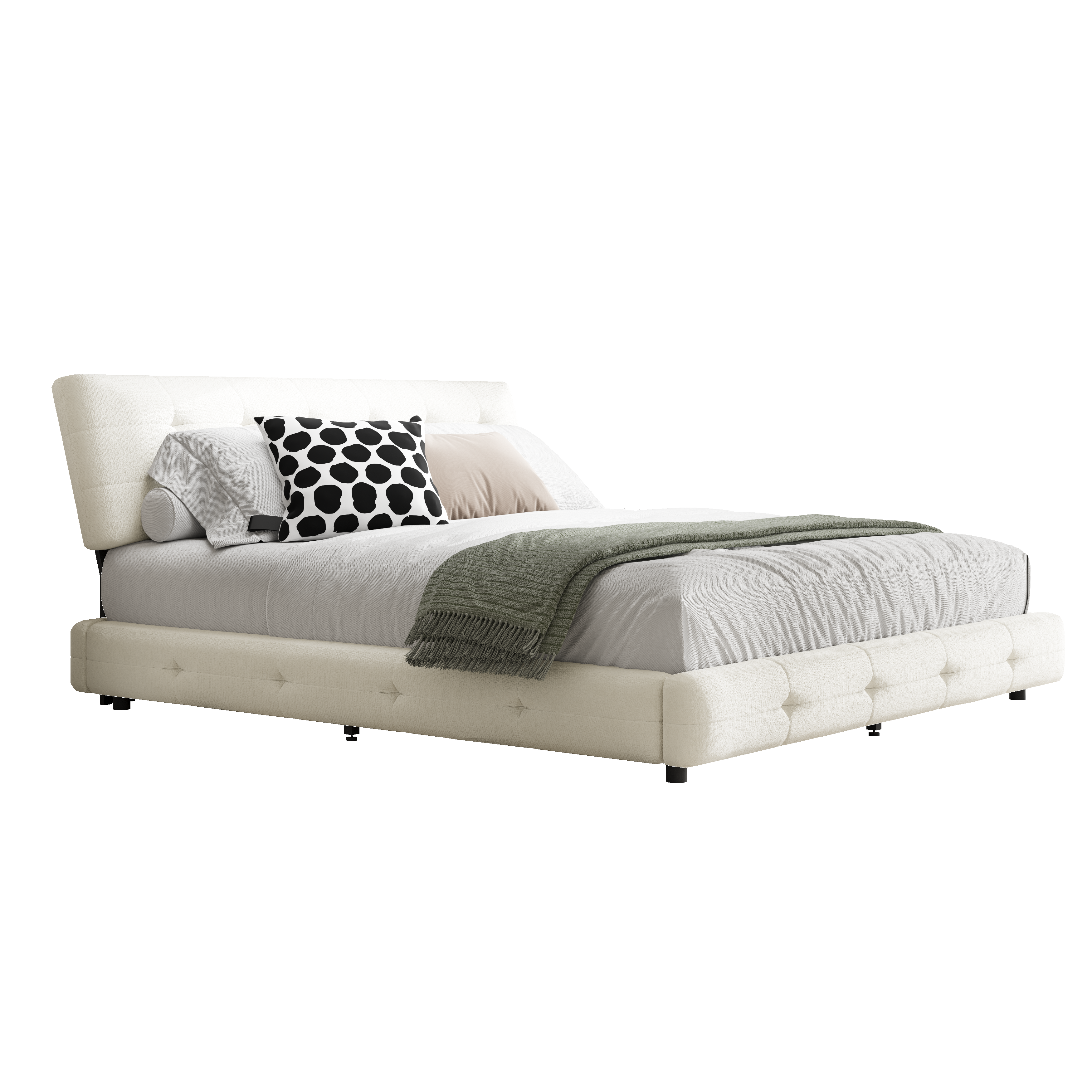 Pori beige king size chenille bed showing side angled view isolated bed image on white background